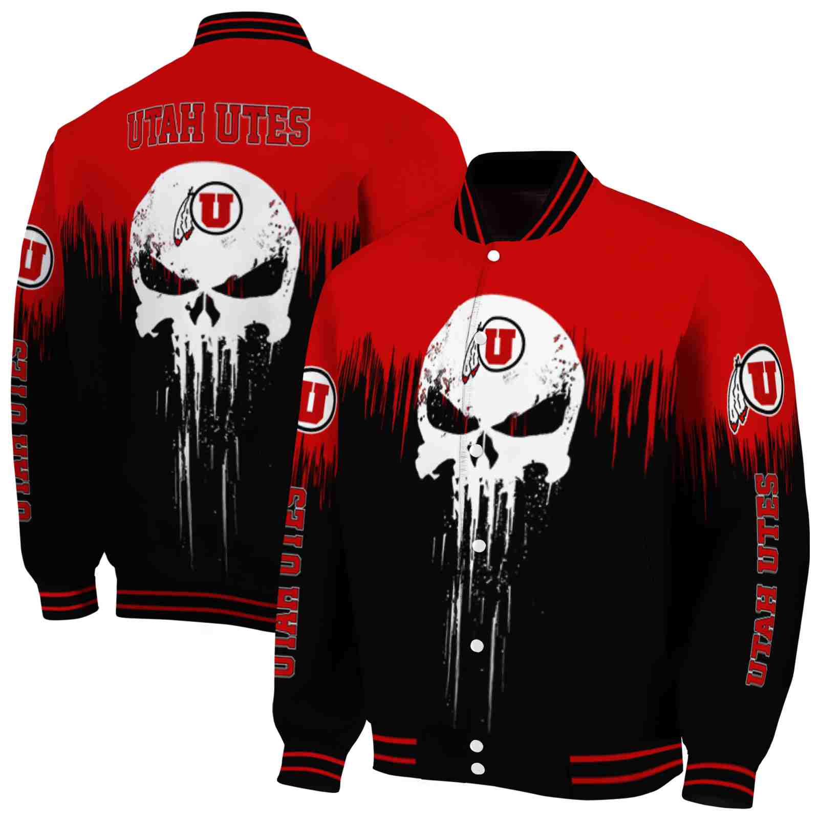 NcaaUtah Utes Punisher Skull Red Black White Custom Baseball Jacket Sport Fans Gear