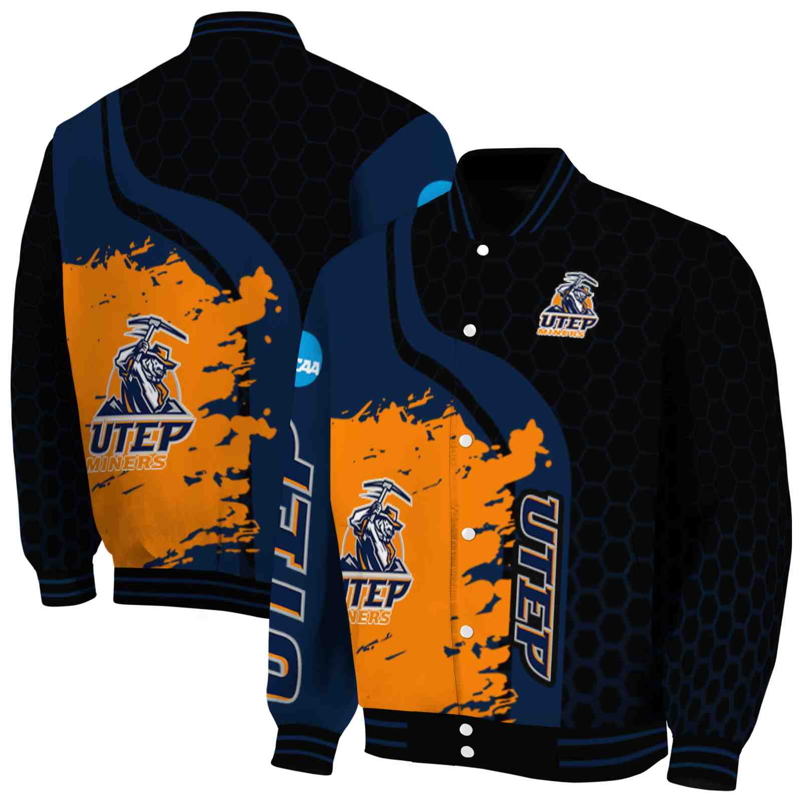 NcaaUTEP Miners Hexagonal Pattern Blue Black Custom Baseball Jacket Sport Fans Gear