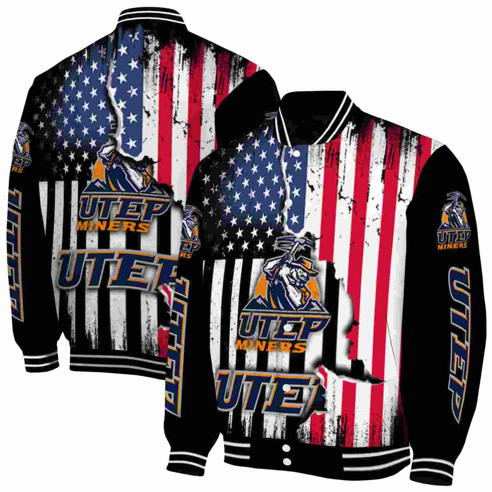 NcaaUTEP Miners Patriotic Theme Black Custom Baseball Jacket Sport Fans Gear