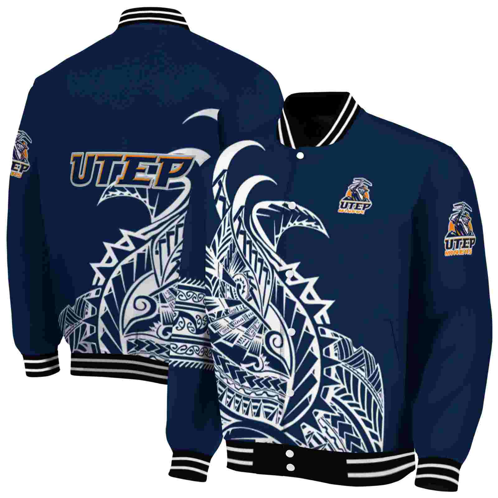 NcaaUTEP Miners Tribal Art Blue White Black Custom Baseball Jacket Sport Fans Gear