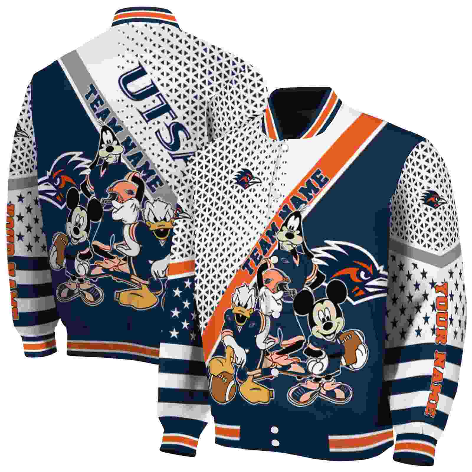 NcaaUTSA Roadrunners Mickey Donald Goofy Orange White Custom Baseball Jacket Sport Fans Gear