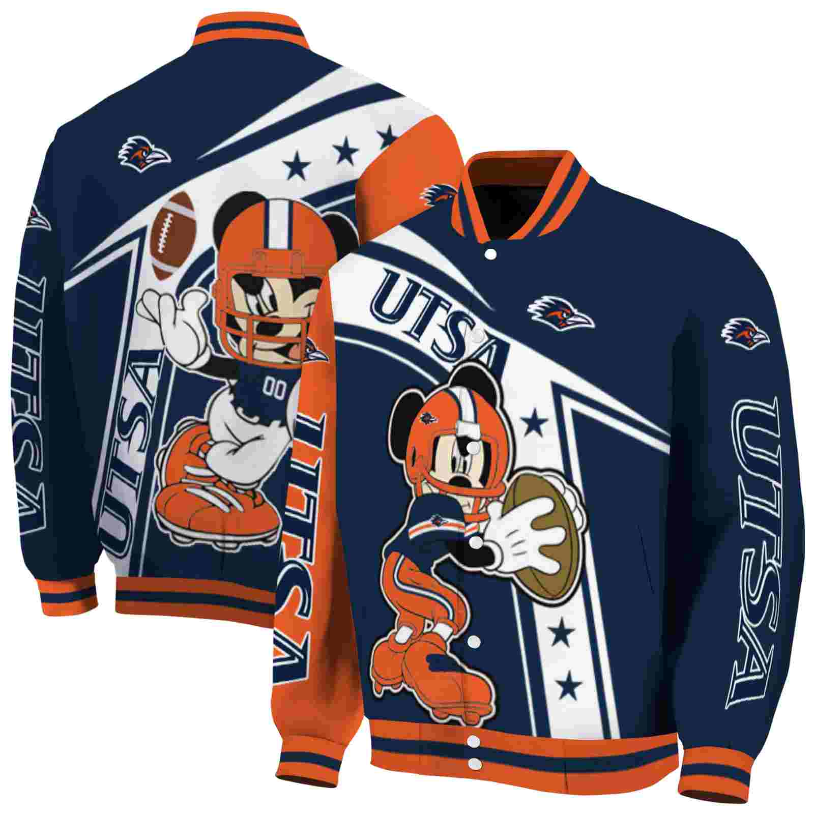 NcaaUTSA Roadrunners Mickey Football Orange White Custom Baseball Jacket Sport Fans Gear