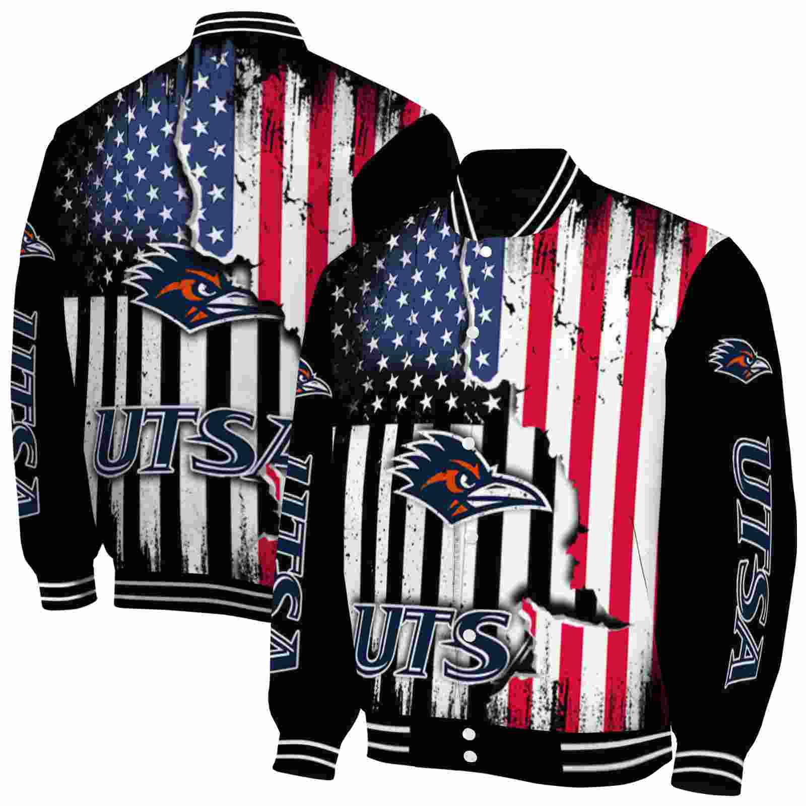 NcaaUTSA Roadrunners Patriotic Theme Black Custom Baseball Jacket Sport Fans Gear