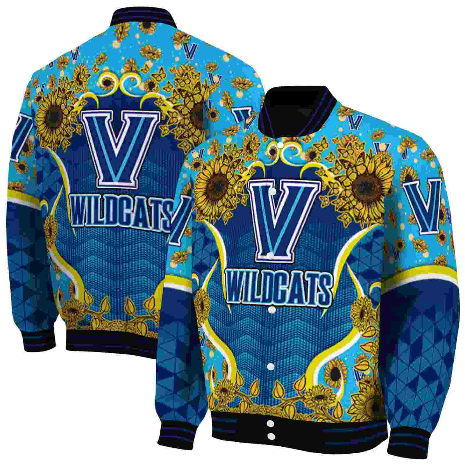 NcaaVillanova Wildcats SuNFL ower Bloom Navy Yellow Custom Baseball Jacket Sport Fans Gear