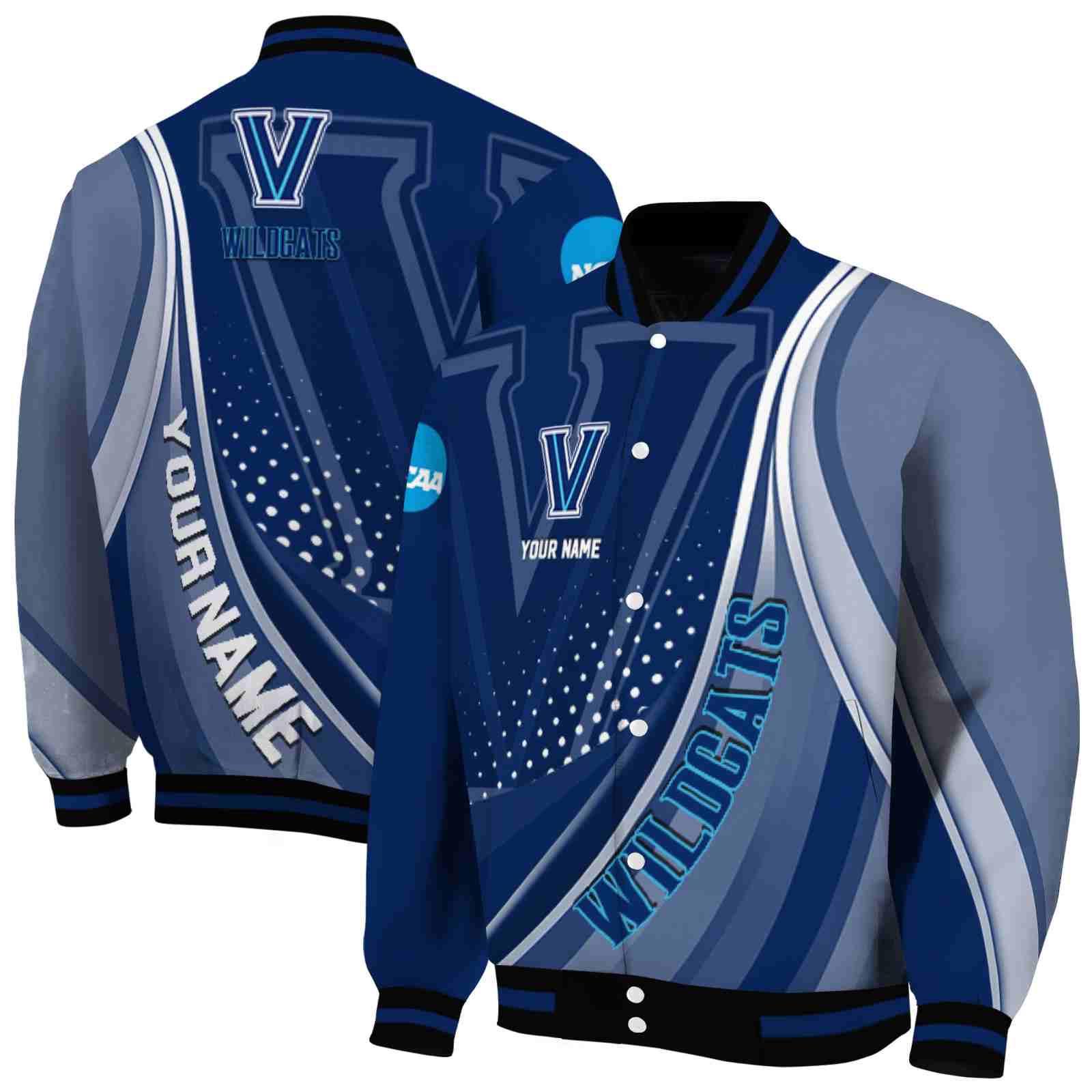 NcaaVillanova Wildcats Wave Patterns Navy Custom Baseball Jacket Sport Fans Gear
