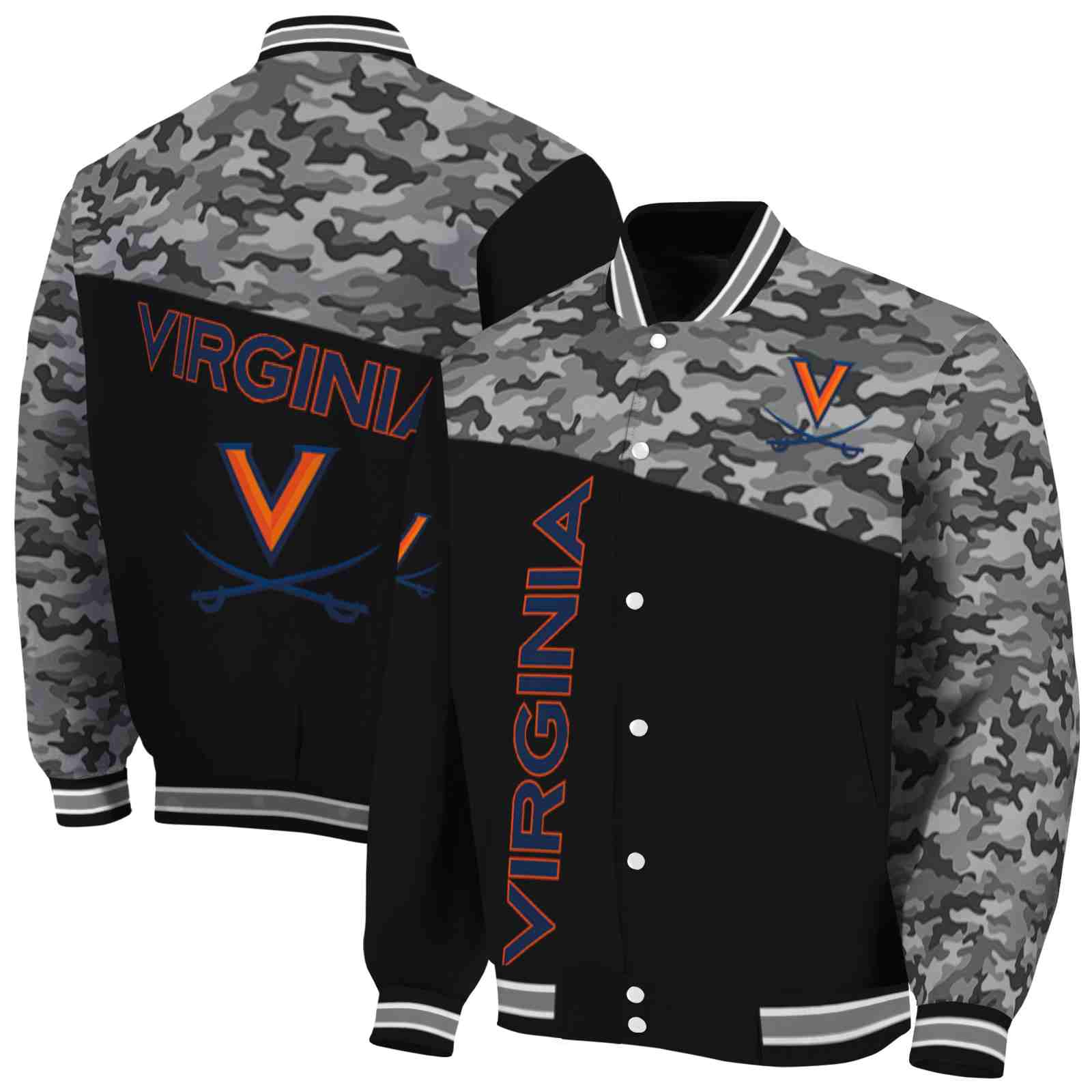 NcaaVirginia Cavaliers Camo Patchwork Black Custom Baseball Jacket Sport Fans Gear