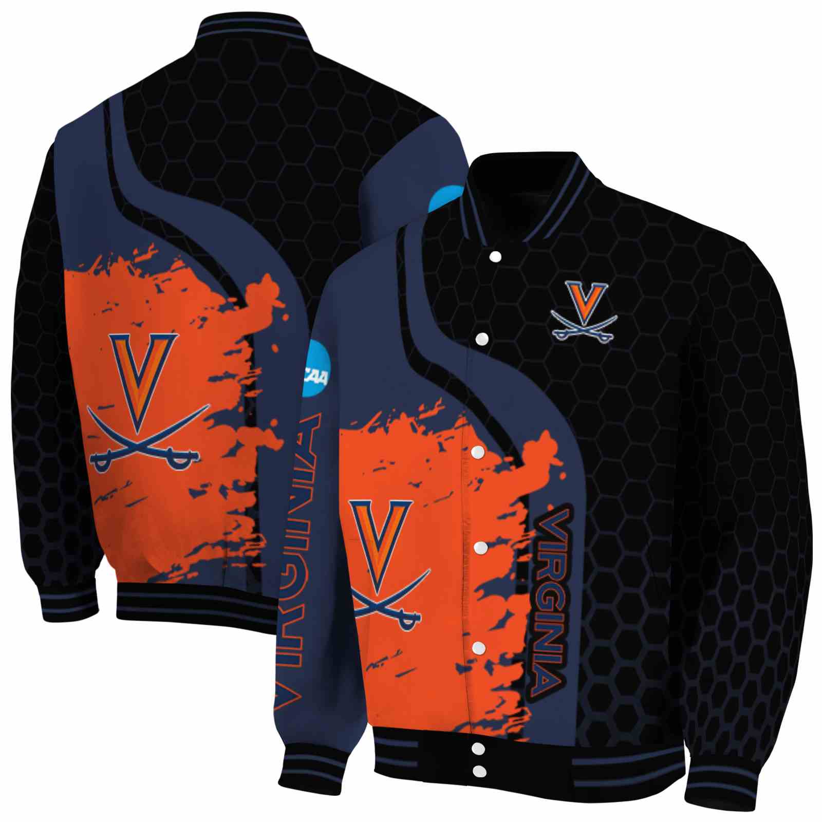 NcaaVirginia Cavaliers Hexagonal Pattern Blue Black Custom Baseball Jacket Sport Fans Gear