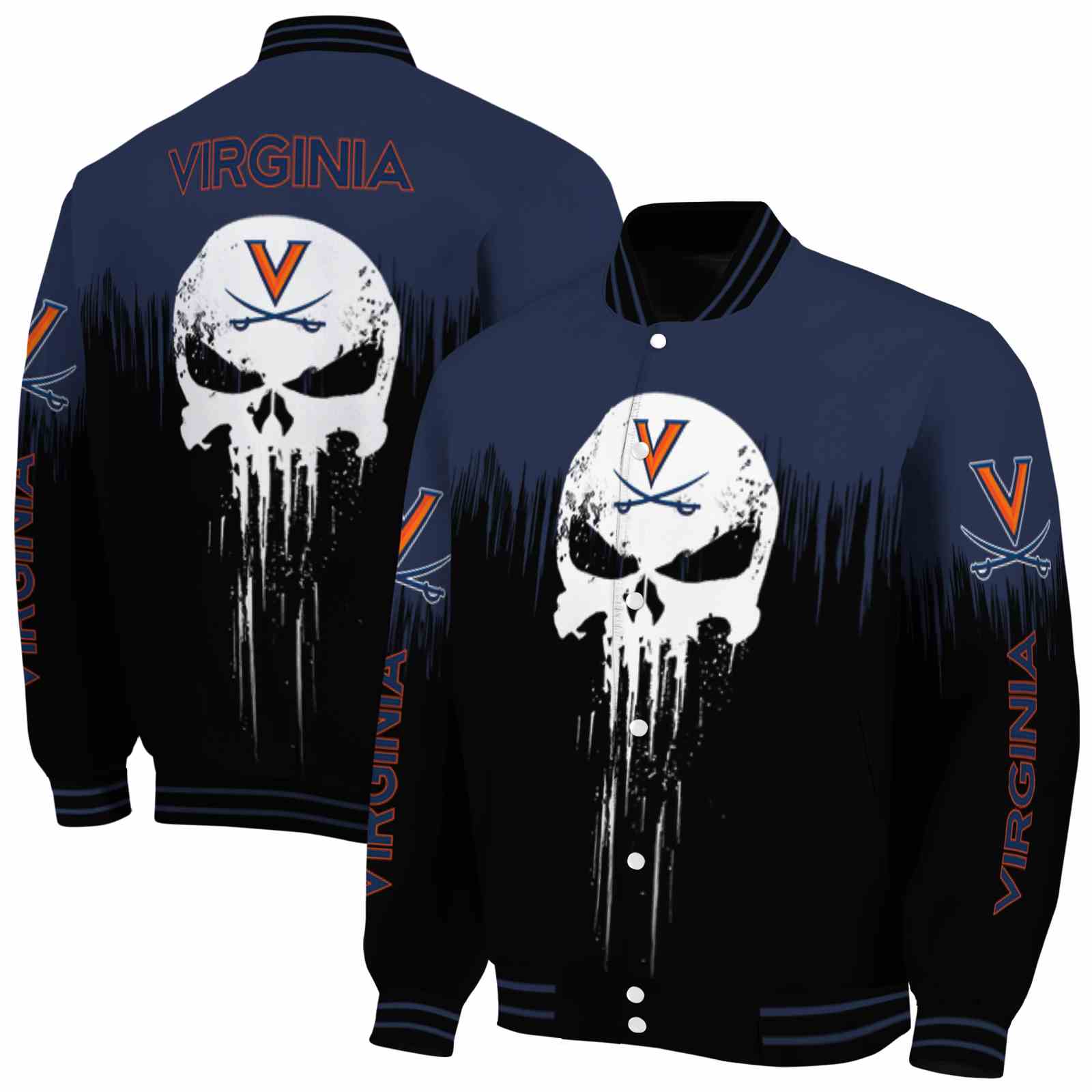 NcaaVirginia Cavaliers Punisher Skull Blue Black White Custom Baseball Jacket Sport Fans Gear
