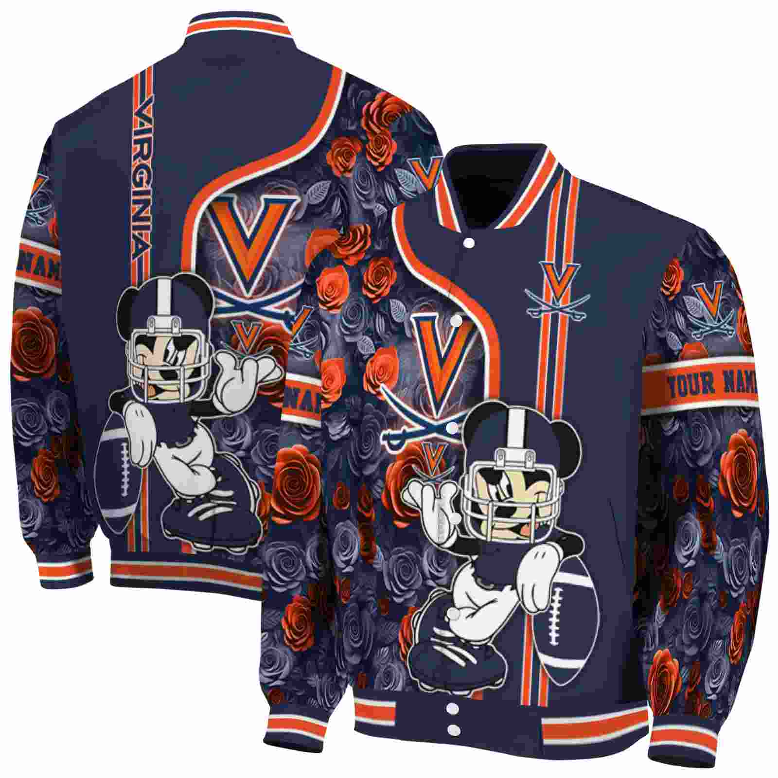 NcaaVirginia Cavaliers Rose Mickey Blue Custom Baseball Jacket Sport Fans Gear