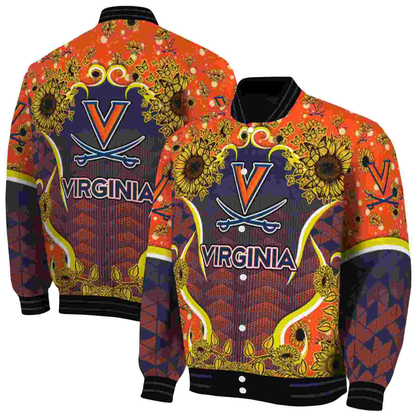 NcaaVirginia Cavaliers SuNFL ower Bloom Blue Yellow Custom Baseball Jacket Sport Fans Gear
