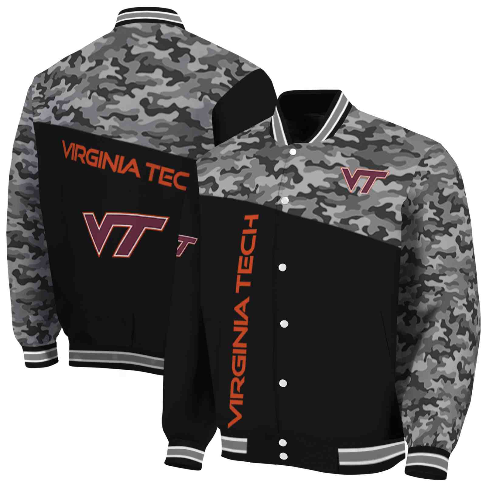 NcaaVirginia Tech Hokies Camo Patchwork Black Custom Baseball Jacket Sport Fans Gear