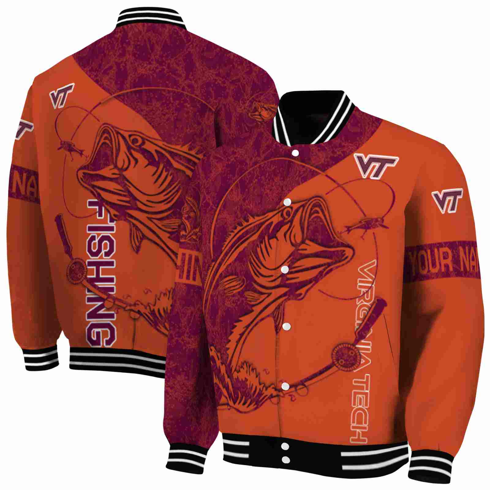 NcaaVirginia Tech Hokies Fishing Rod Orange Custom Baseball Jacket Sport Fans Gear