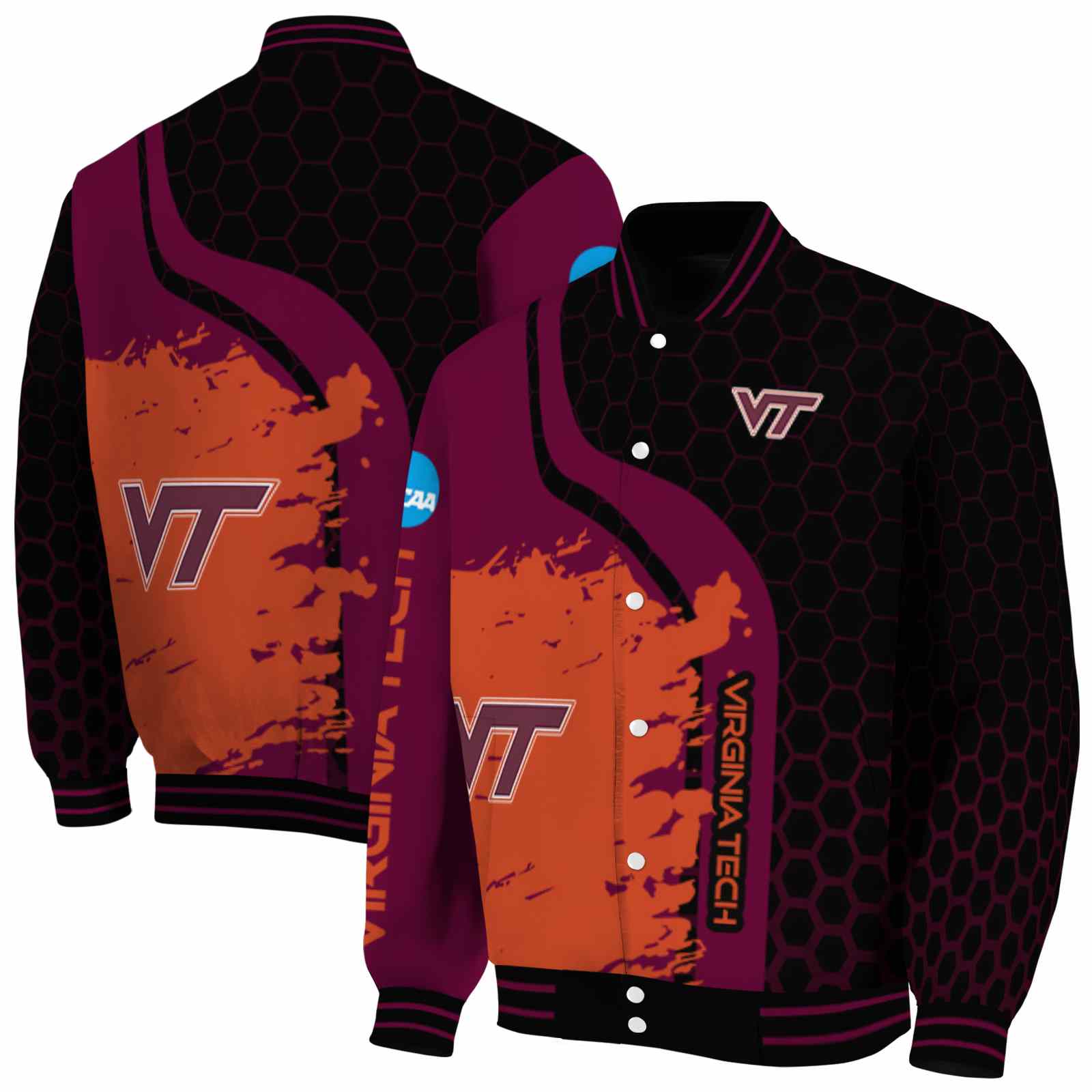 NcaaVirginia Tech Hokies Hexagonal Pattern Maroon Black Custom Baseball Jacket Sport Fans Gear