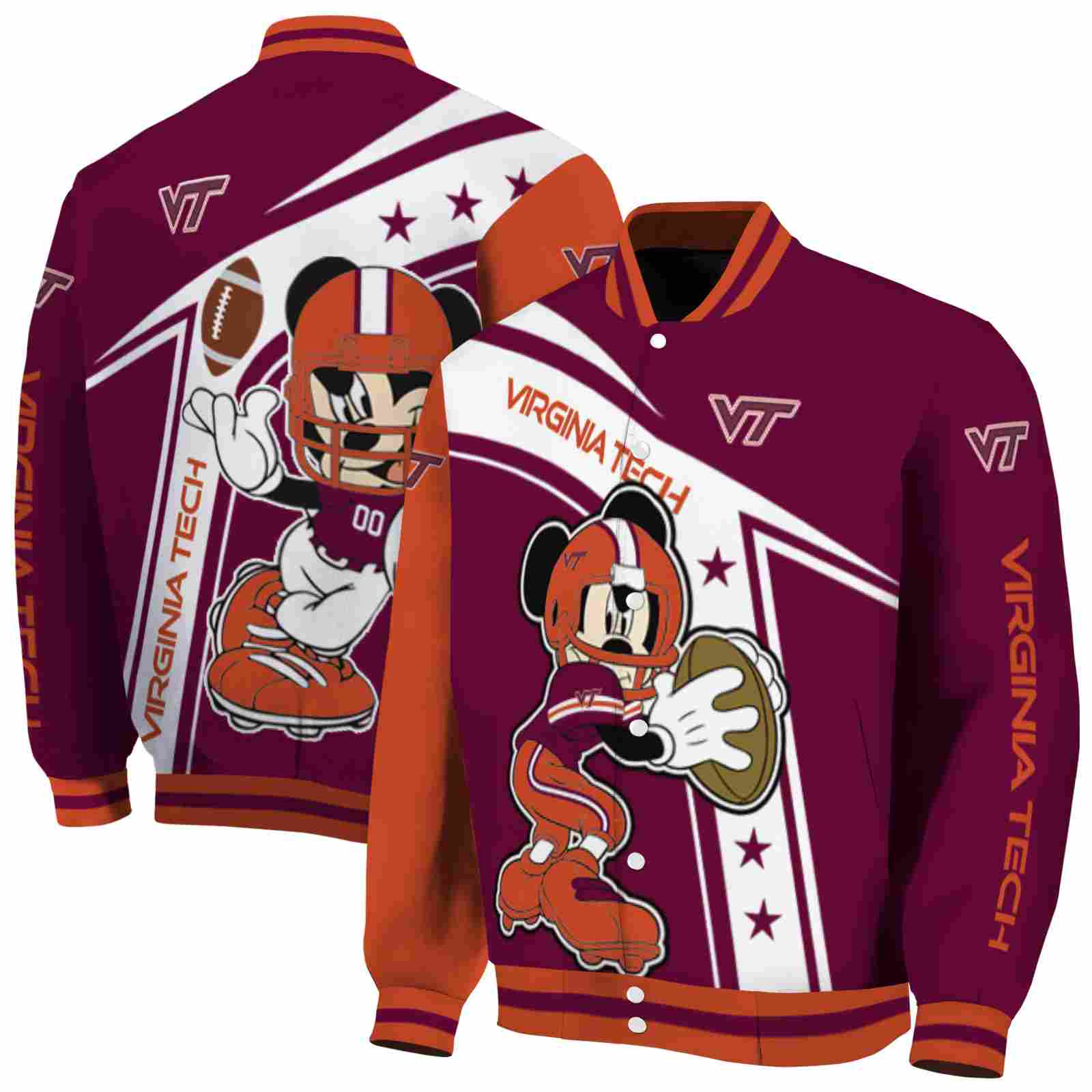 NcaaVirginia Tech Hokies Mickey Football Maroon White Custom Baseball Jacket Sport Fans Gear