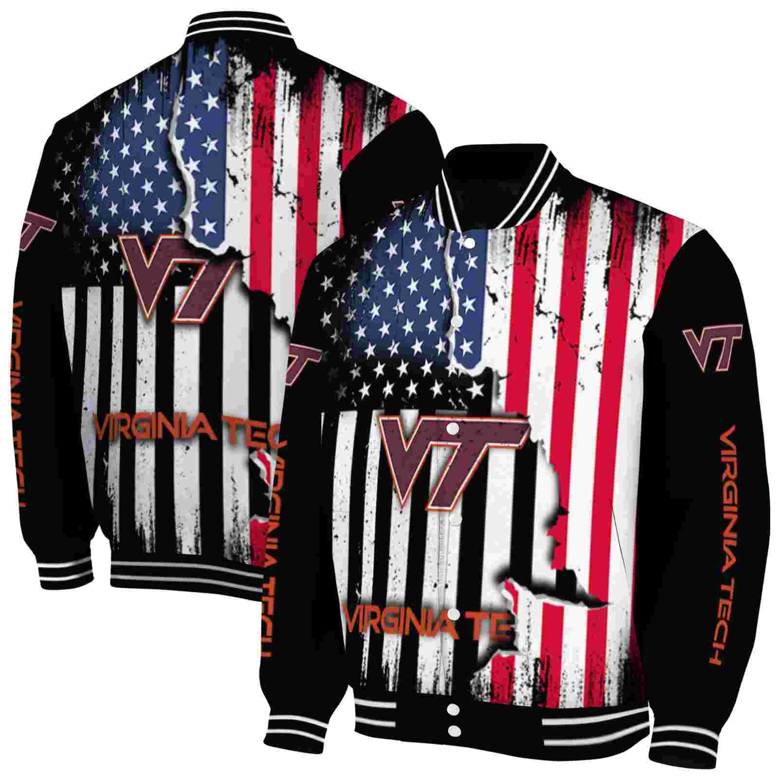 NcaaVirginia Tech Hokies Patriotic Theme Black Custom Baseball Jacket Sport Fans Gear