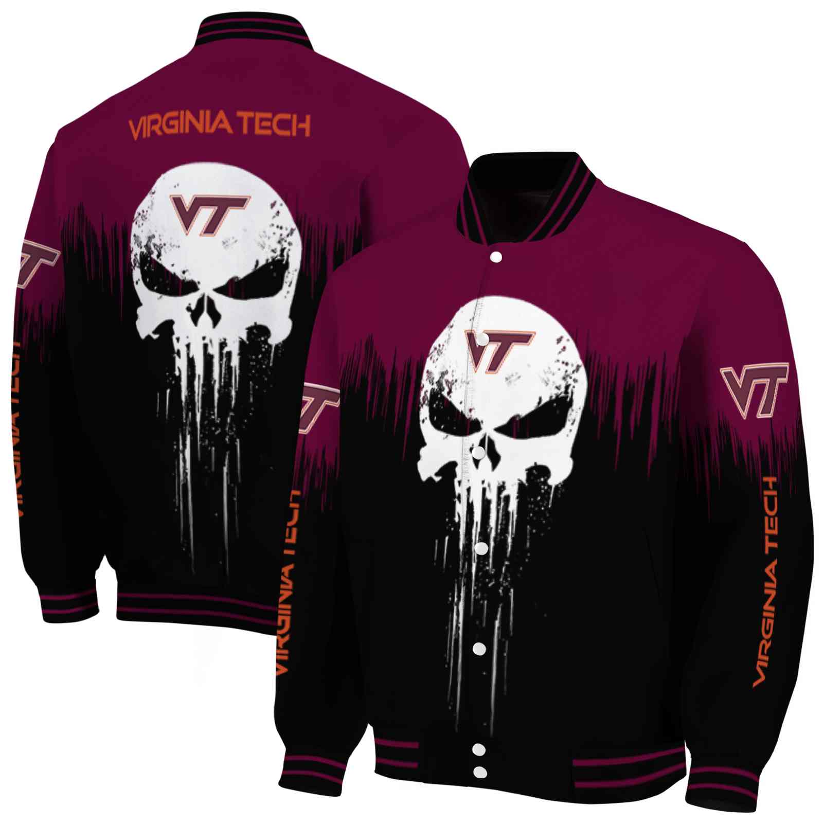 NcaaVirginia Tech Hokies Punisher Skull Maroon Black White Custom Baseball Jacket Sport Fans Gear