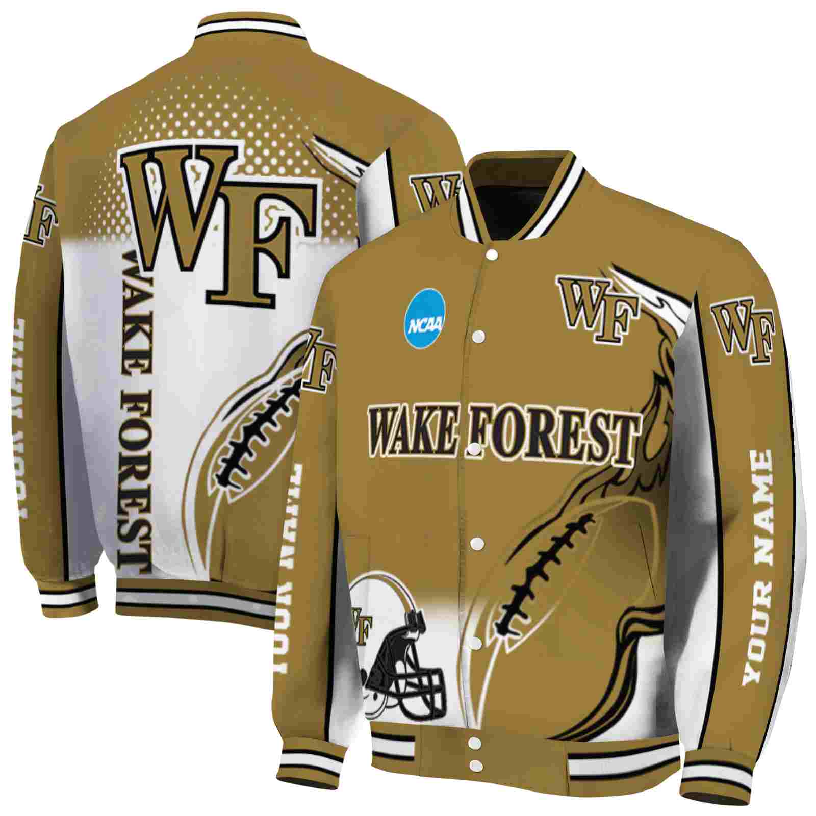 NcaaWake Forest Demon Deacons Flaming Football Gold White Custom Baseball Jacket Sport Fans Gear