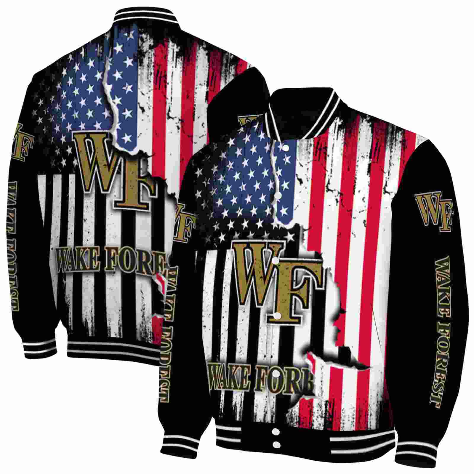 NcaaWake Forest Demon Deacons Patriotic Theme Black Custom Baseball Jacket Sport Fans Gear