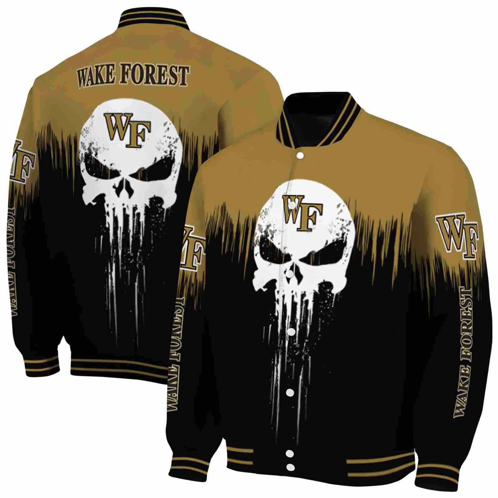 NcaaWake Forest Demon Deacons Punisher Skull Gold Black White Custom Baseball Jacket Sport Fans Gear