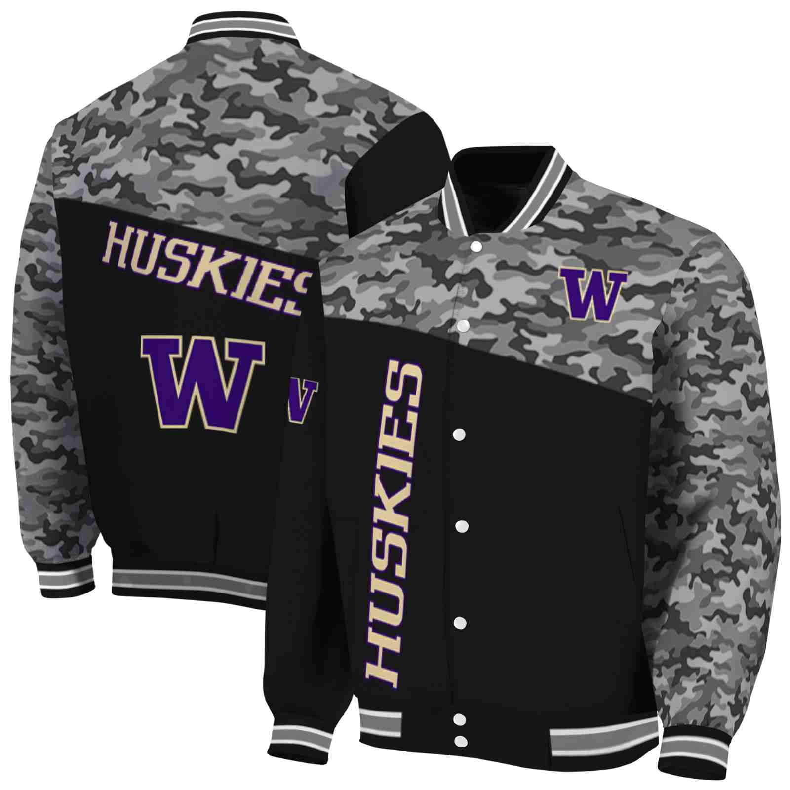 NcaaWashington Huskies Camo Patchwork Black Custom Baseball Jacket Sport Fans Gear
