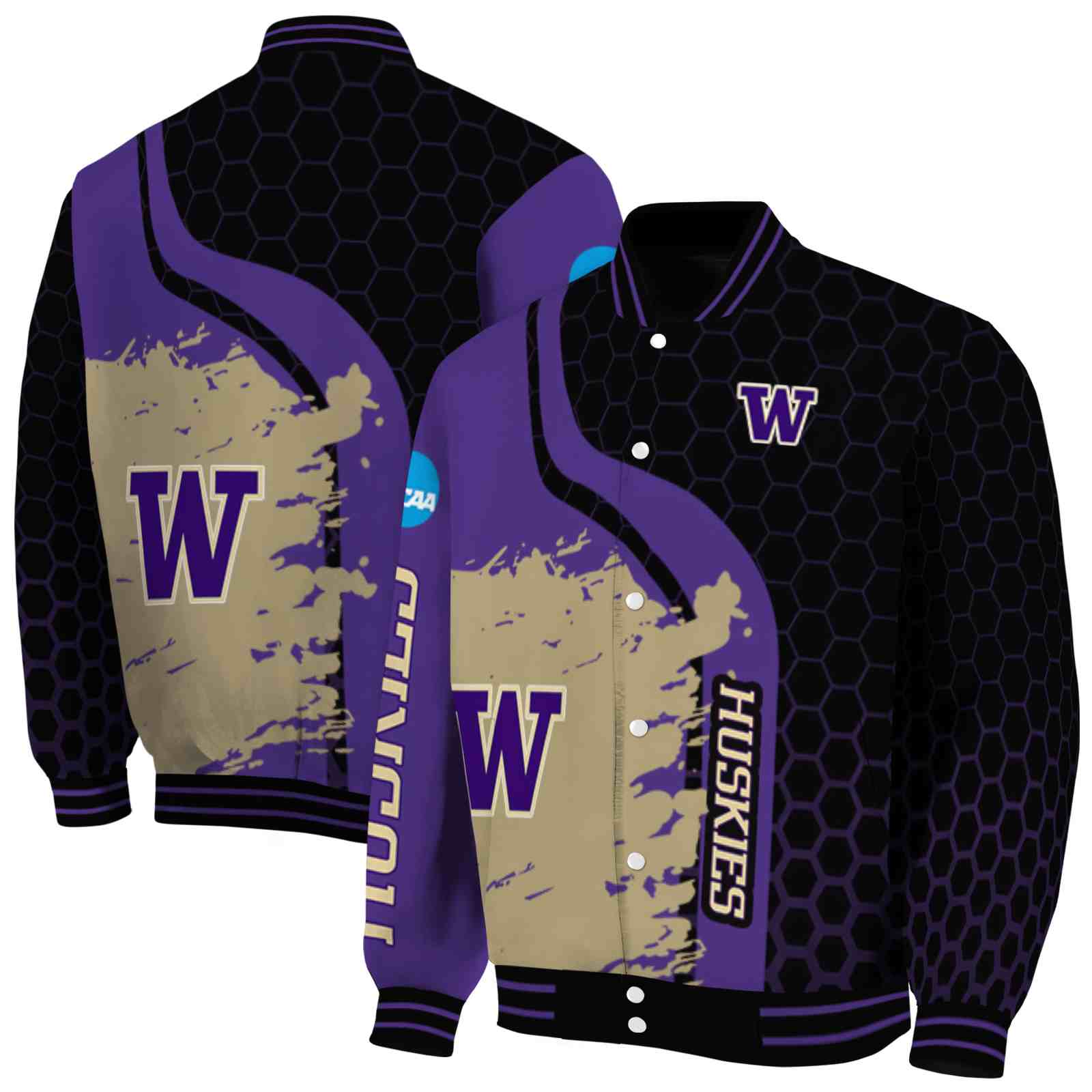 NcaaWashington Huskies Hexagonal Pattern Purple Black Custom Baseball Jacket Sport Fans Gear
