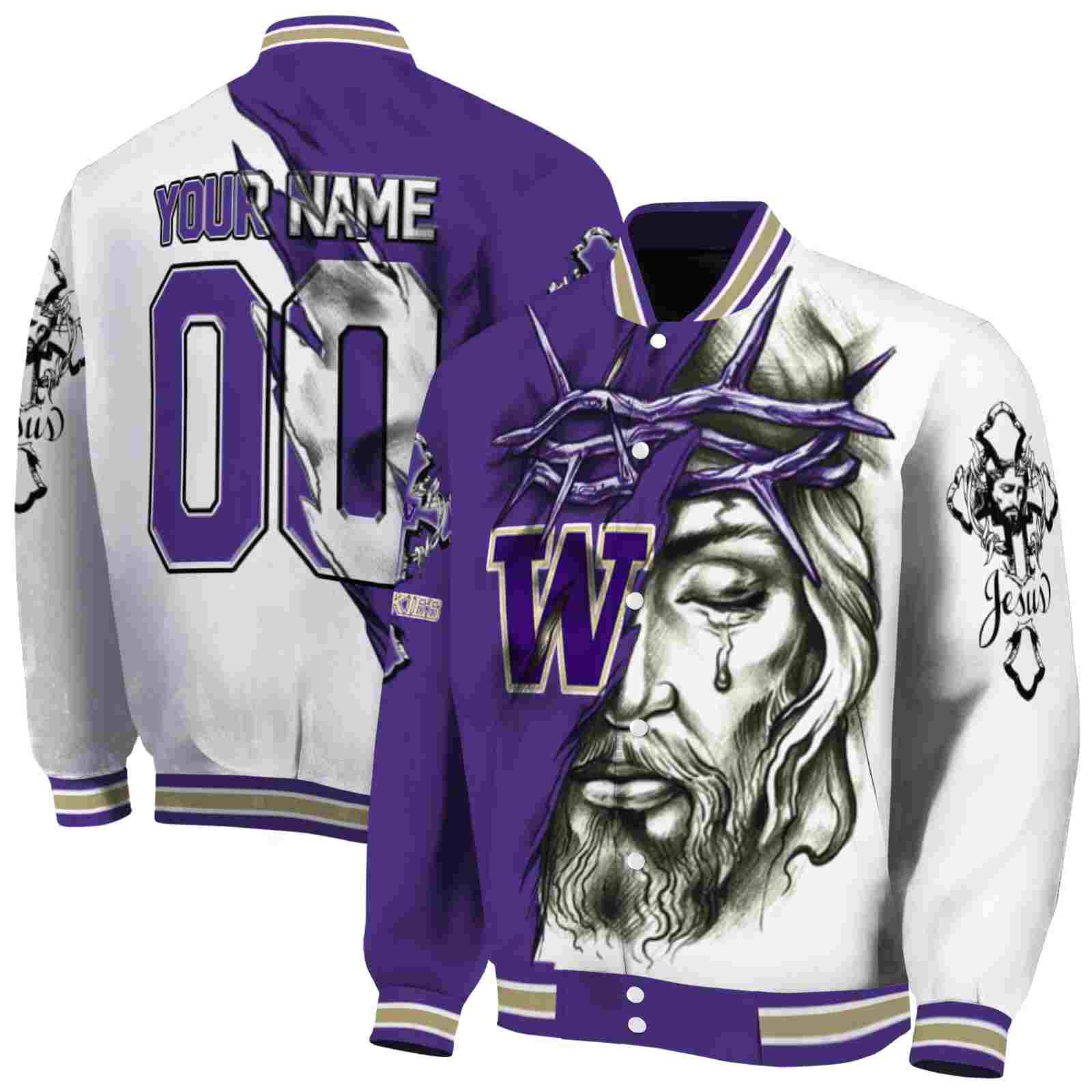 NcaaWashington Huskies Jesus Tears Purple White Custom Baseball Jacket Sport Fans Gear