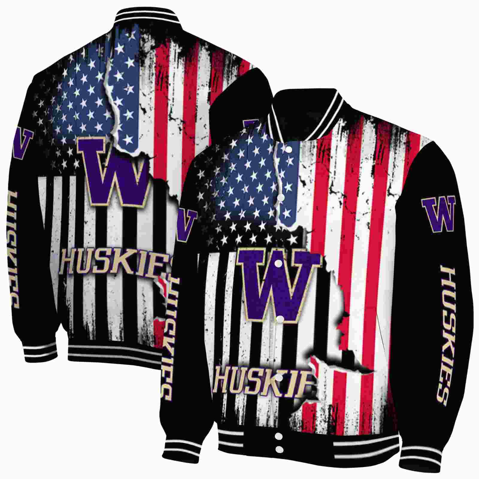 NcaaWashington Huskies Patriotic Theme Black Custom Baseball Jacket Sport Fans Gear