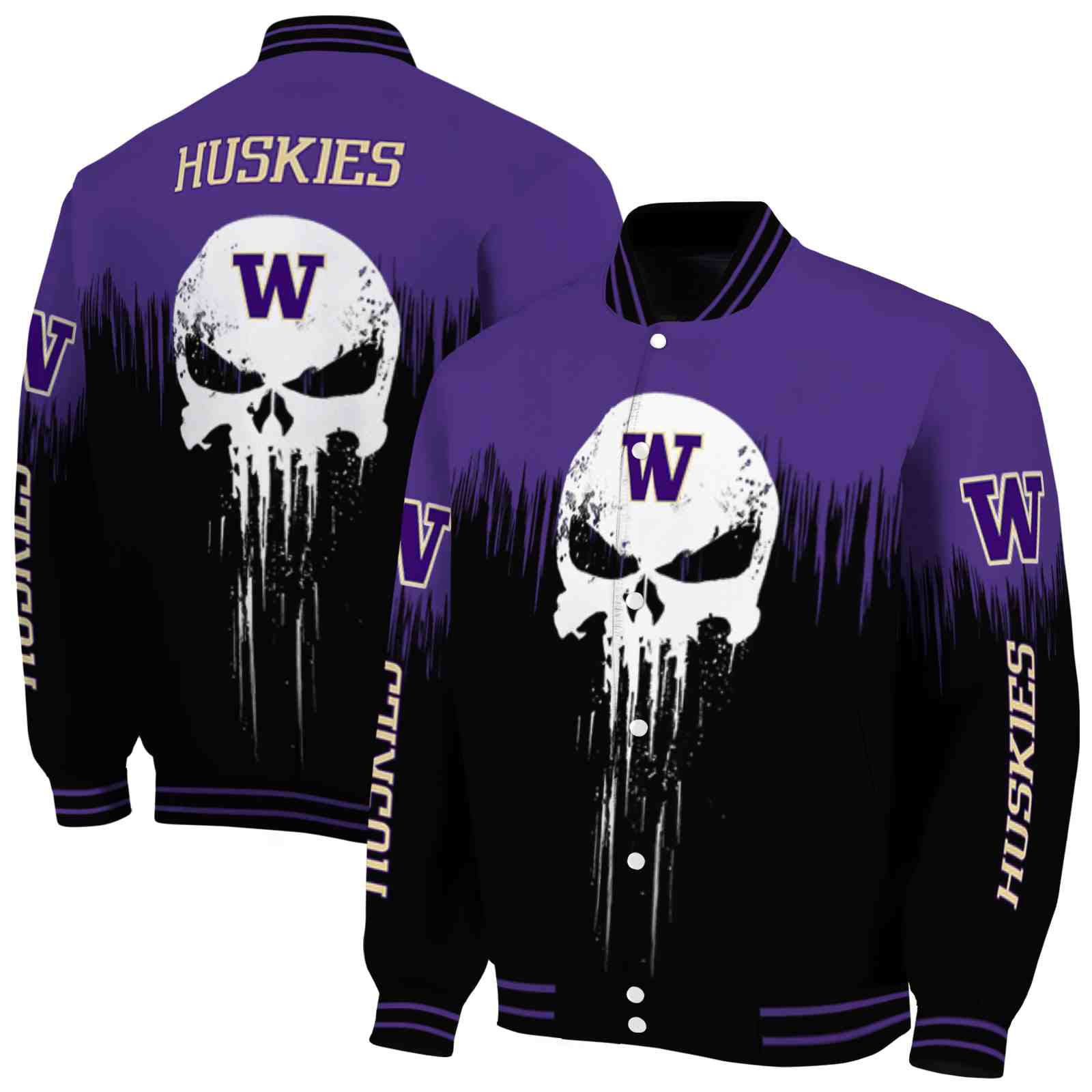 NcaaWashington Huskies Punisher Skull Purple Black White Custom Baseball Jacket Sport Fans Gear