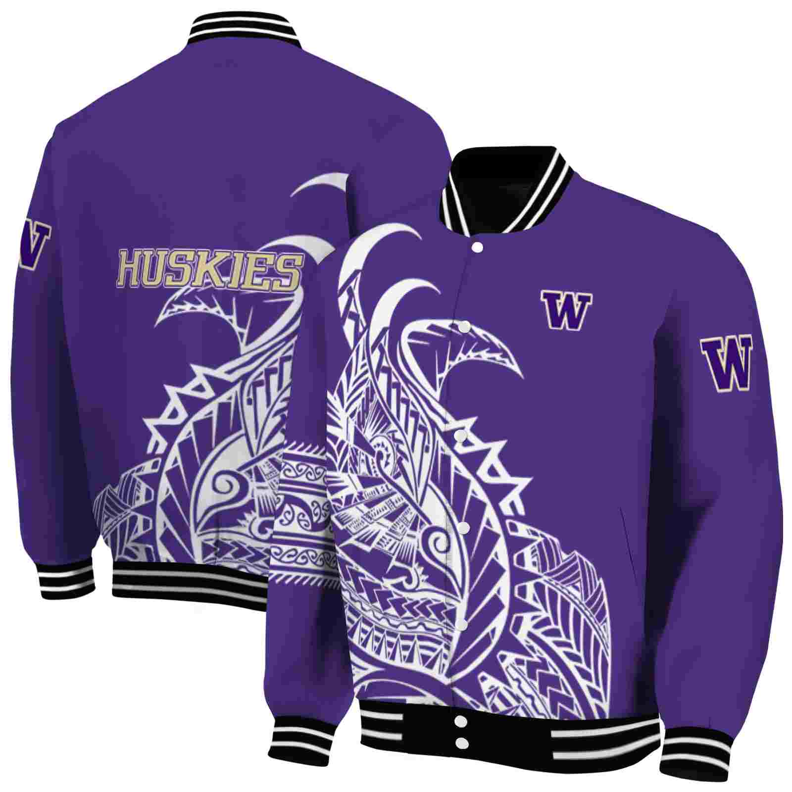 NcaaWashington Huskies Tribal Art Purple White Black Custom Baseball Jacket Sport Fans Gear