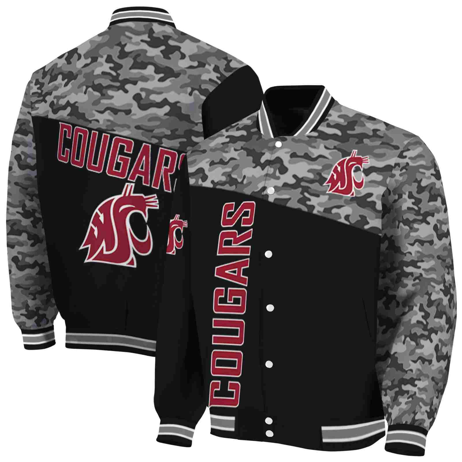 NcaaWashington State Cougars Camo Patchwork Black Custom Baseball Jacket Sport Fans Gear