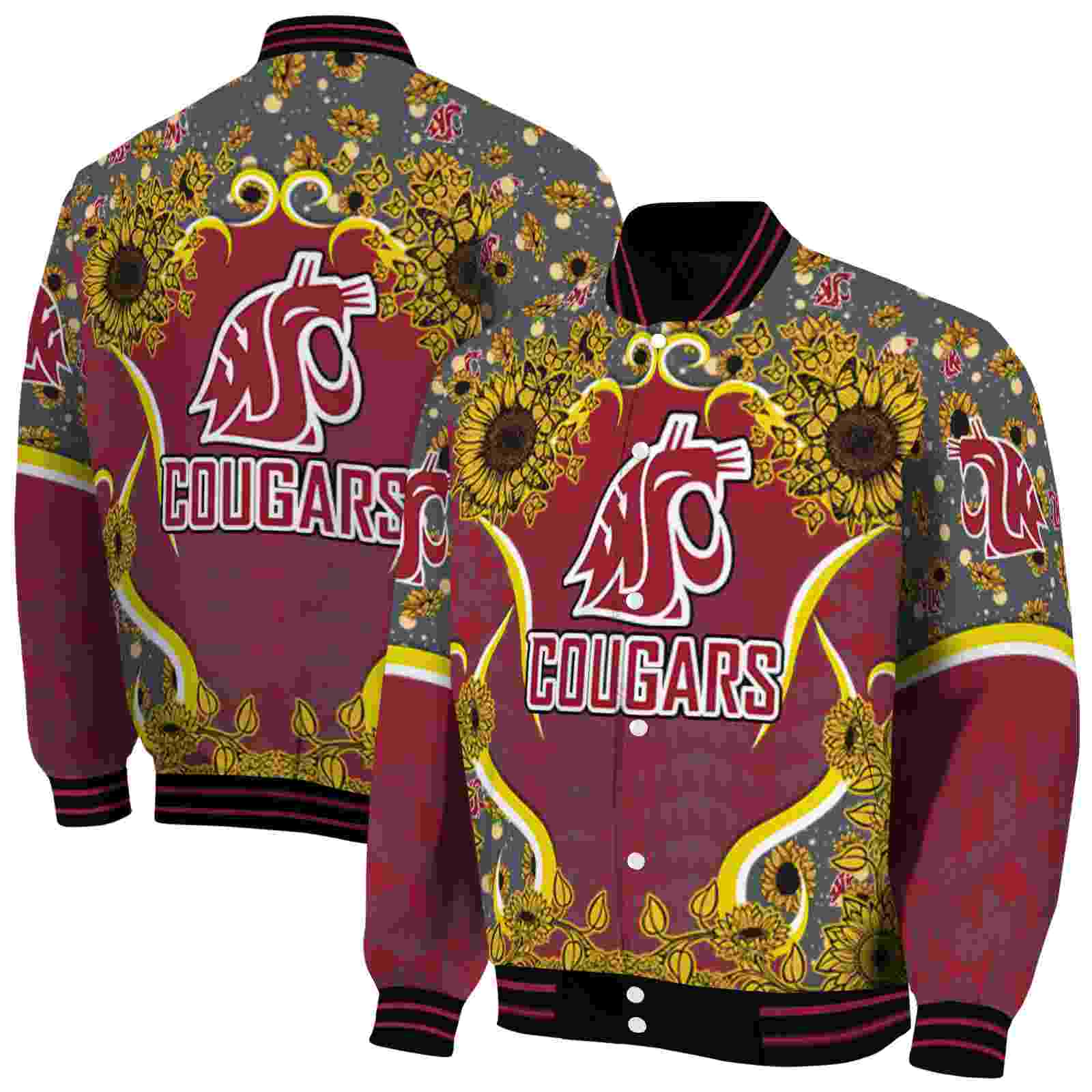 NcaaWashington State Cougars SuNFL ower Bloom Crimson Yellow Custom Baseball Jacket Sport Fans Gear
