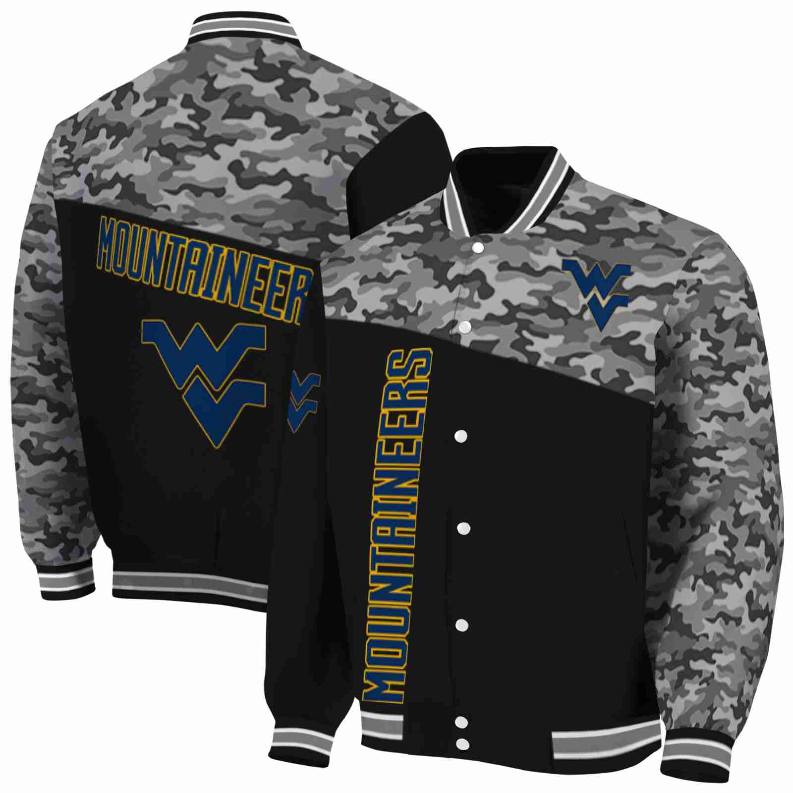 NcaaWest Virginia Mountaineers Camo Patchwork Black Custom Baseball Jacket Sport Fans Gear