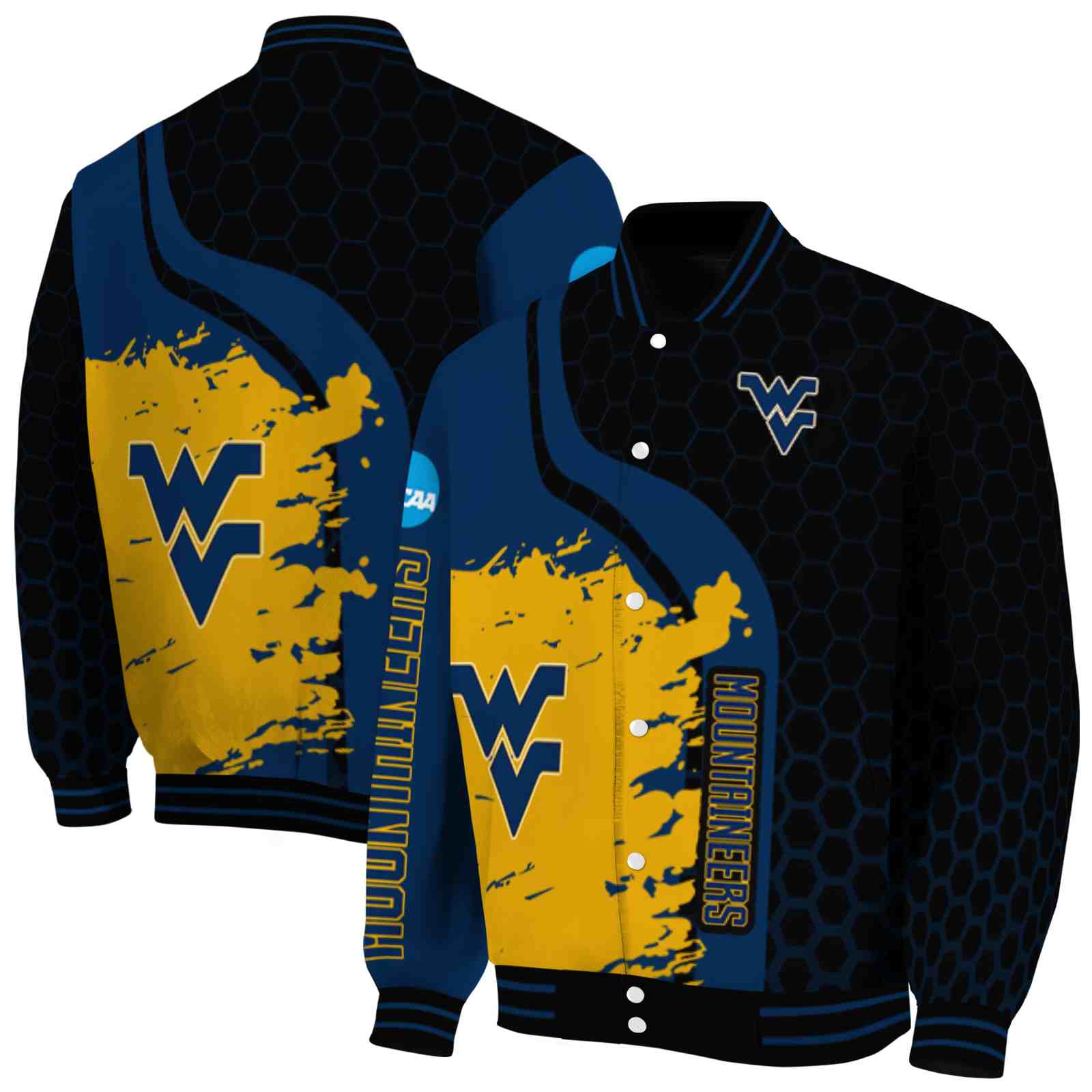 NcaaWest Virginia Mountaineers Hexagonal Pattern Blue Black Custom Baseball Jacket Sport Fans Gear