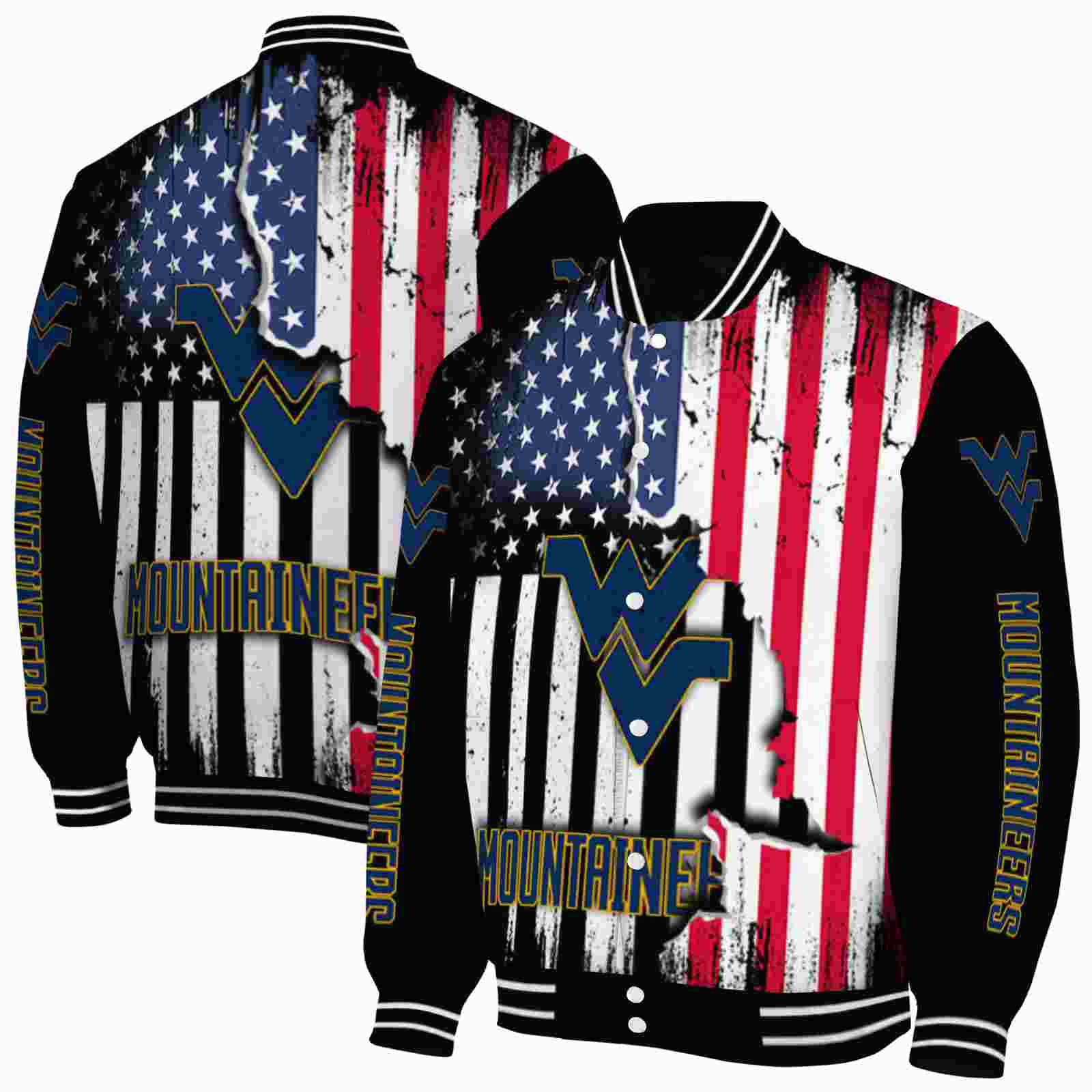 NcaaWest Virginia Mountaineers Patriotic Theme Black Custom Baseball Jacket Sport Fans Gear