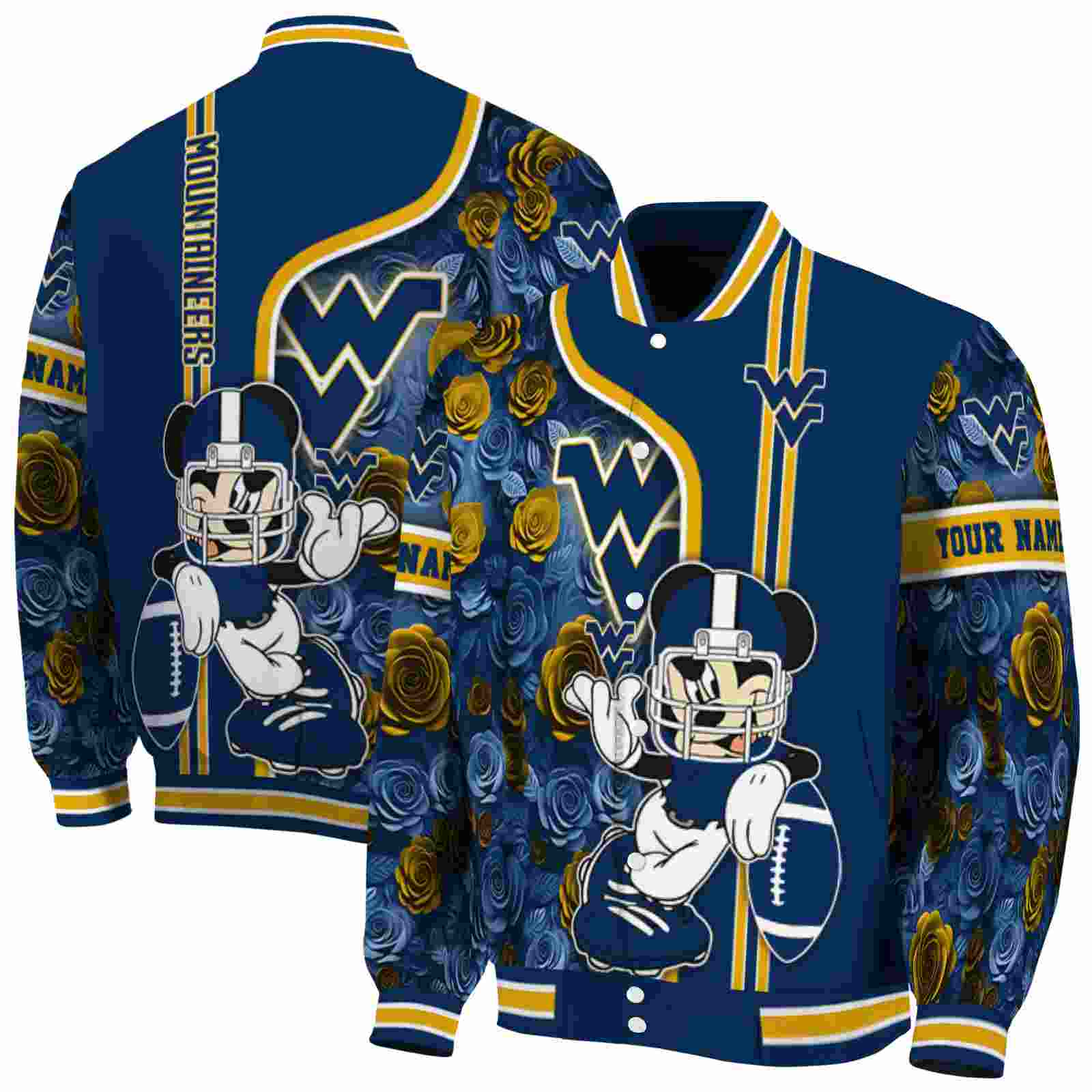 NcaaWest Virginia Mountaineers Rose Mickey Blue Custom Baseball Jacket Sport Fans Gear