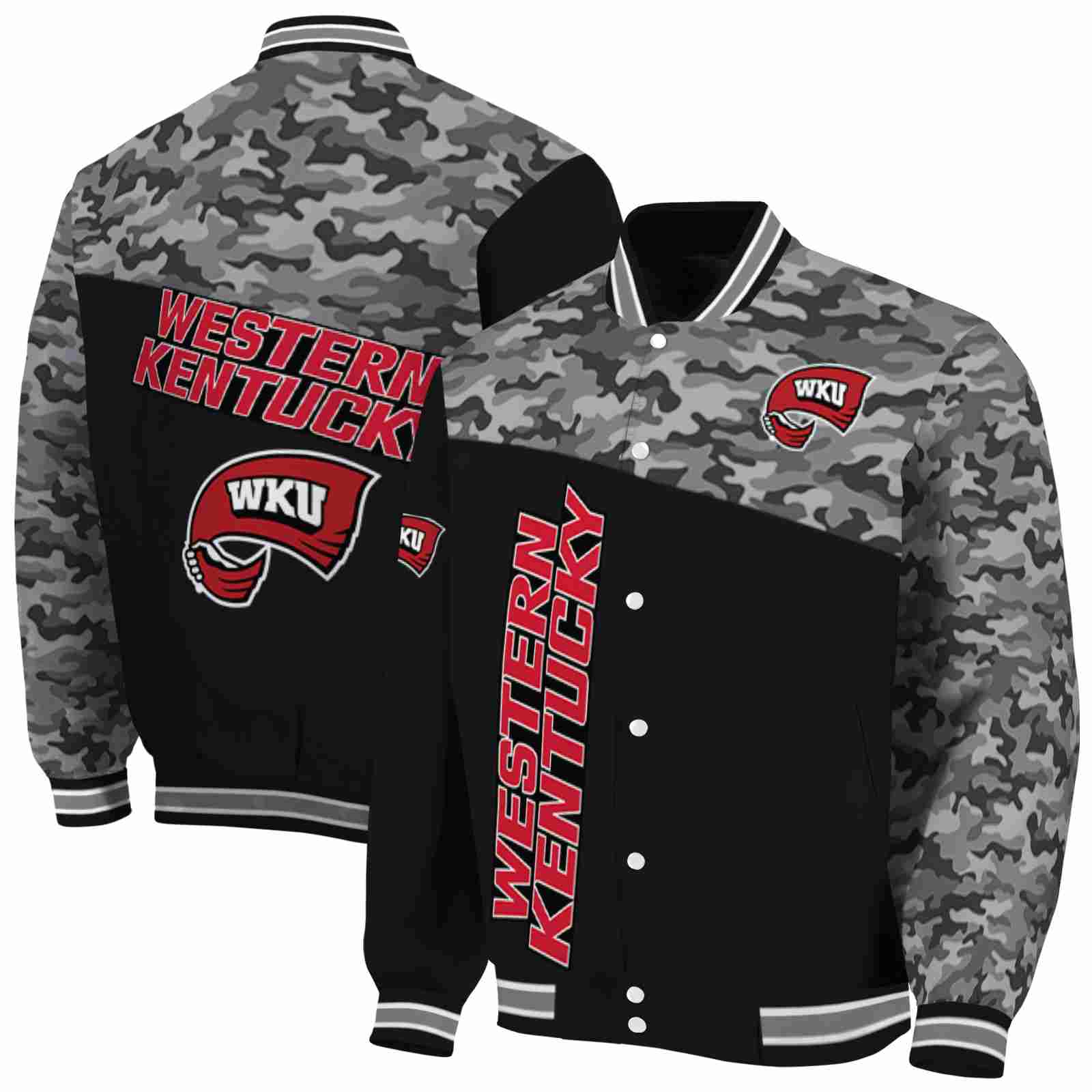 NcaaWestern Kentucky Hilltoppers Camo Patchwork Black Custom Baseball Jacket Sport Fans Gear