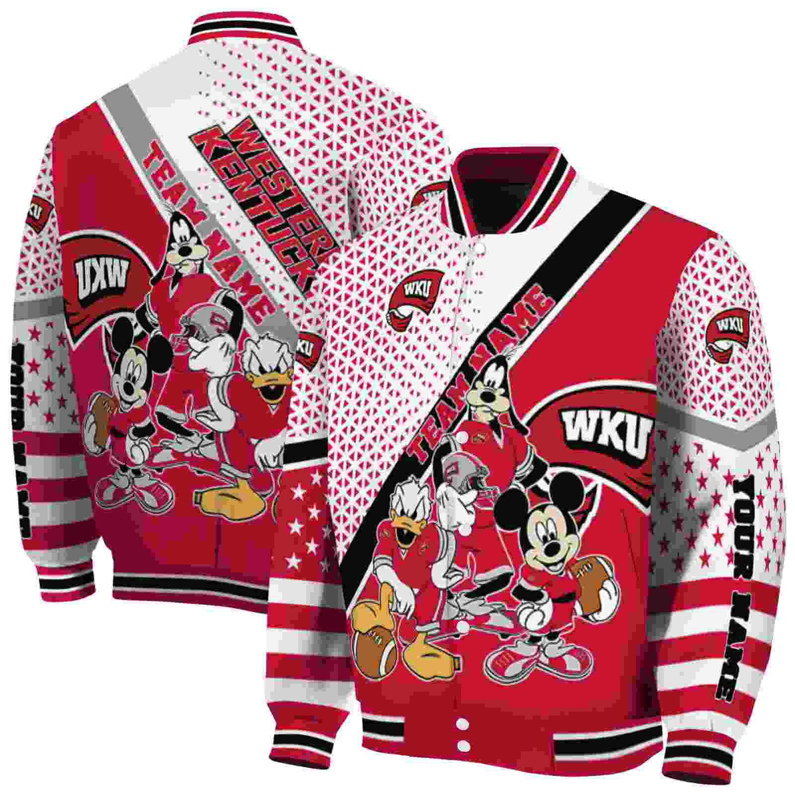 NcaaWestern Kentucky Hilltoppers Mickey Donald Goofy Red White Custom Baseball Jacket Sport Fans Gear