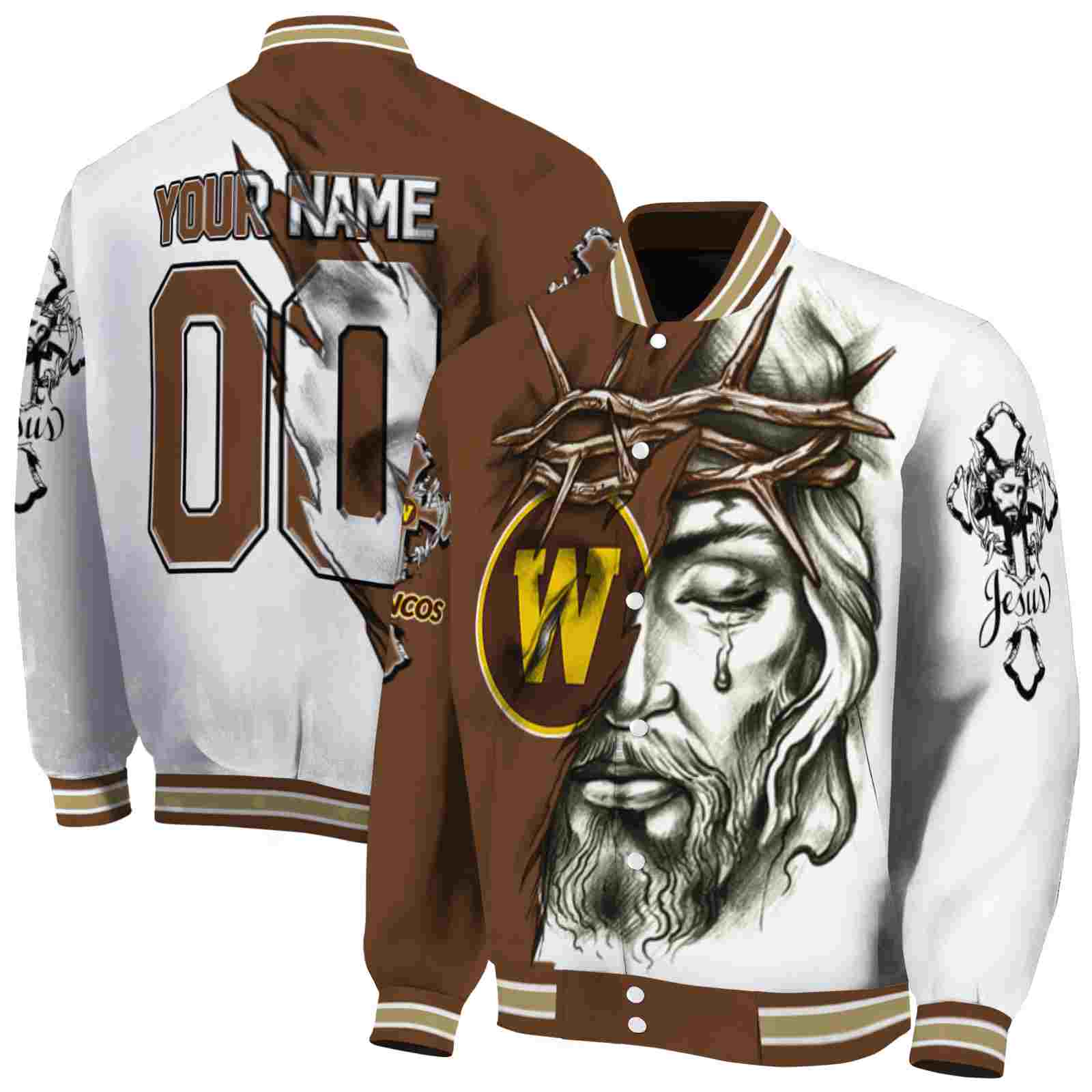 NcaaWestern Michigan Broncos Jesus Tears Brown White Custom Baseball Jacket Sport Fans Gear