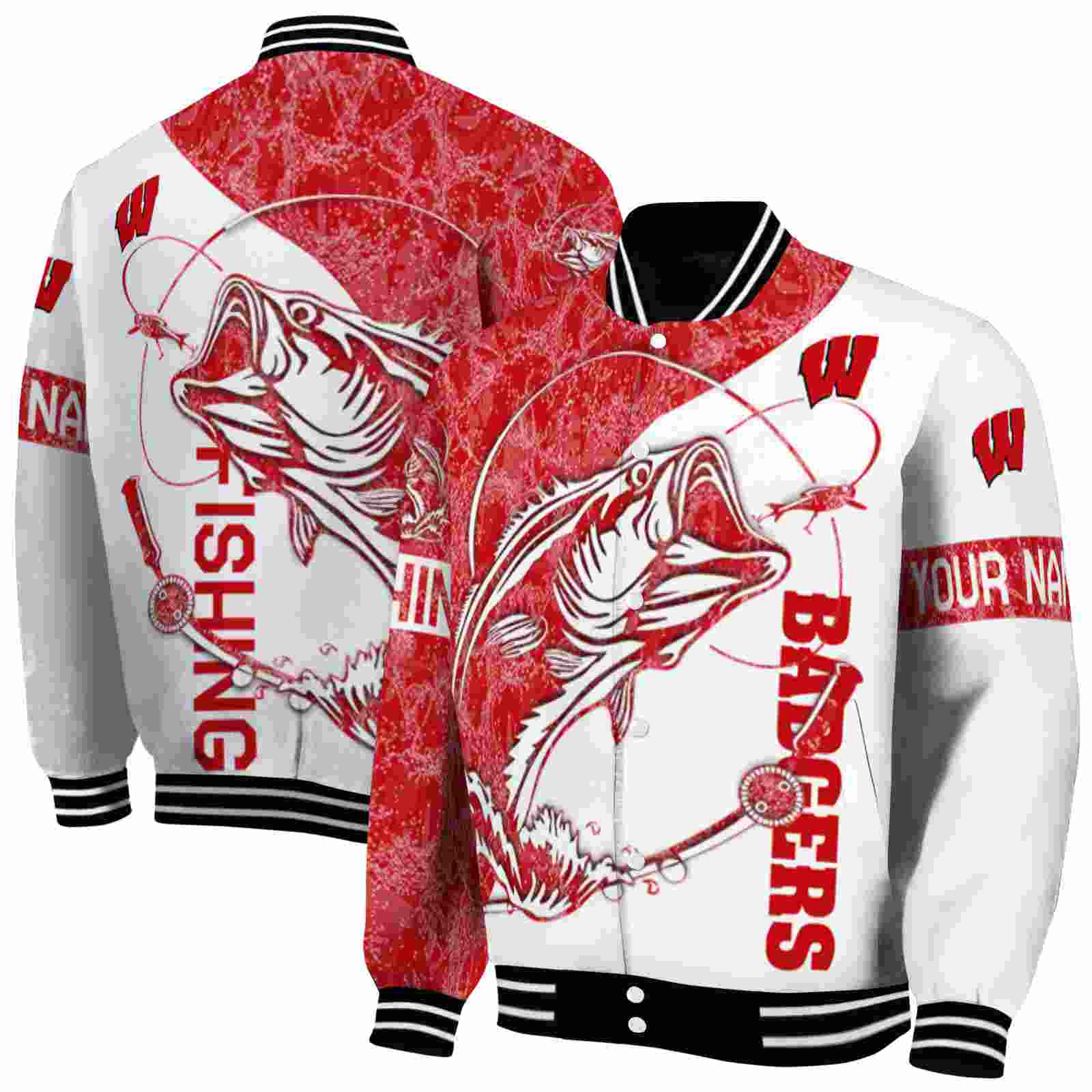 NcaaWisconsin Badgers Fishing Rod White Custom Baseball Jacket Sport Fans Gear