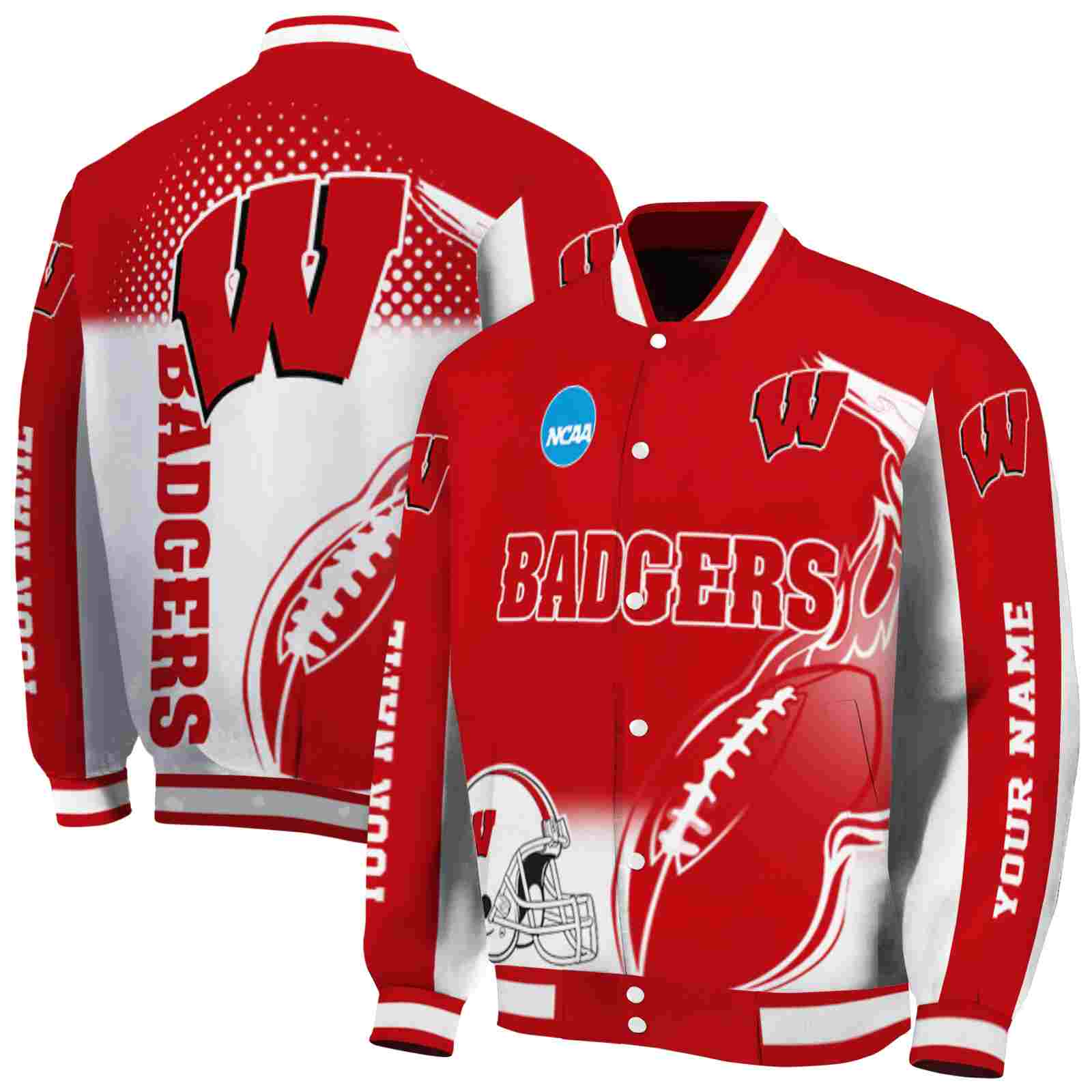 NcaaWisconsin Badgers Flaming Football Red White Custom Baseball Jacket Sport Fans Gear