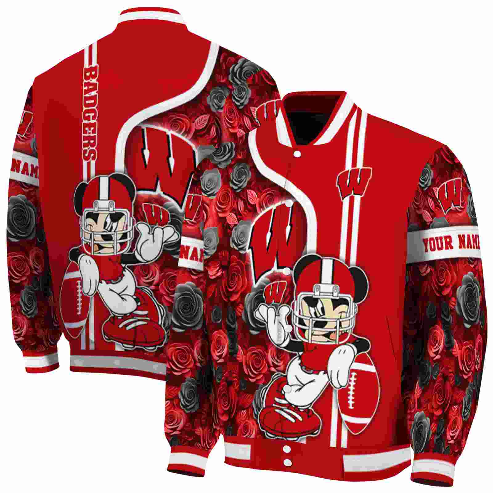 NcaaWisconsin Badgers Rose Mickey Red Custom Baseball Jacket Sport Fans Gear