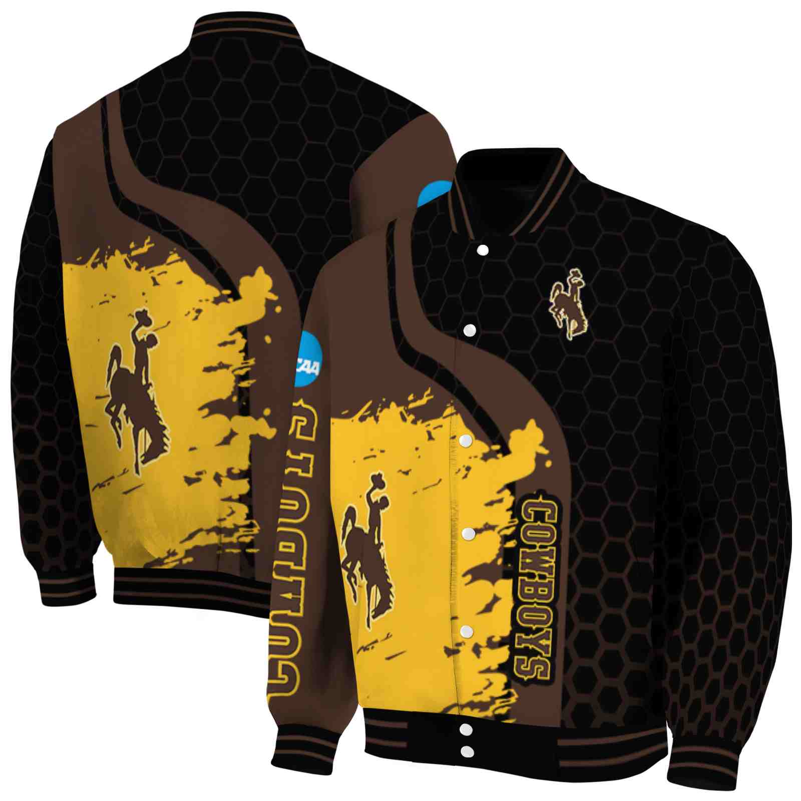 NcaaWyoming Cowboys Hexagonal Pattern Brown Black Custom Baseball Jacket Sport Fans Gear