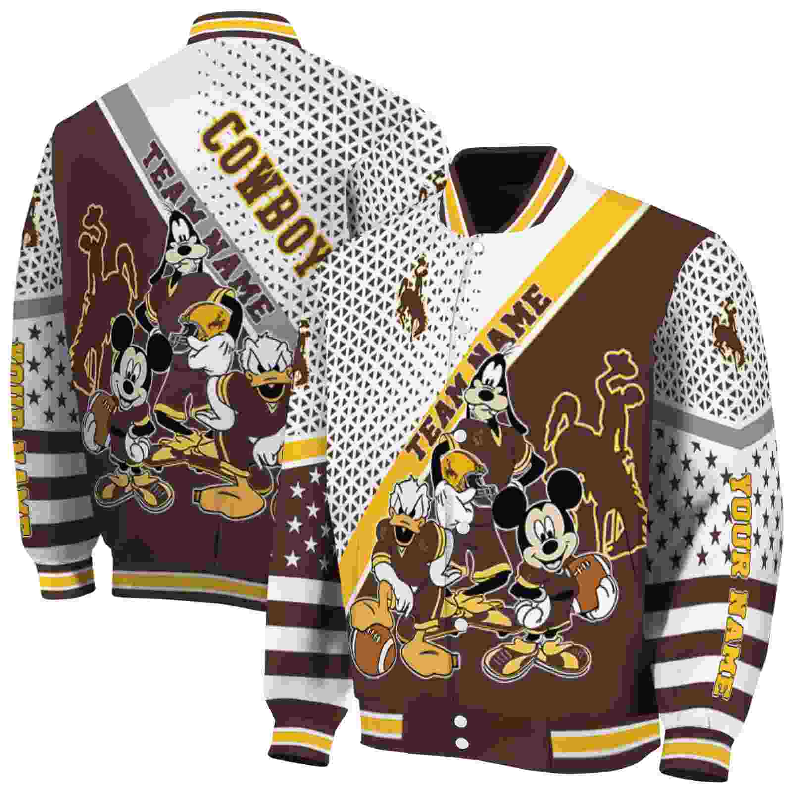 NcaaWyoming Cowboys Mickey Donald Goofy Brown White Custom Baseball Jacket Sport Fans Gear