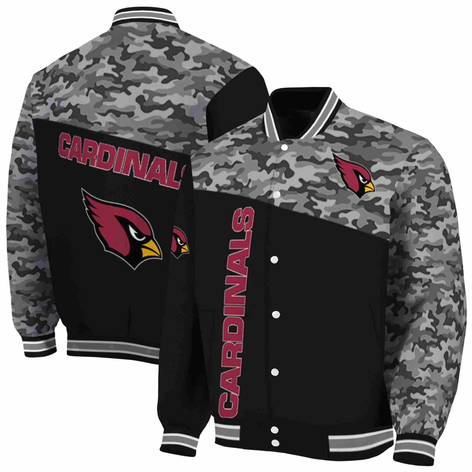 NFL Arizona Cardinals Camo Patchwork Black Custom Baseball Jacket Sport Fans Gear