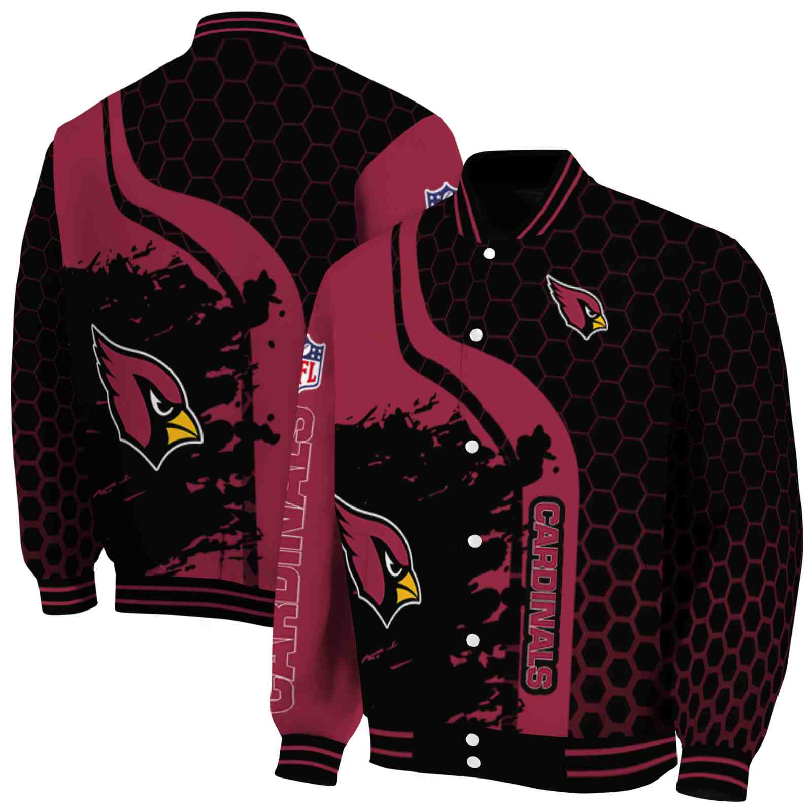 NFL Arizona Cardinals Hexagonal Pattern Red Black Custom Baseball Jacket Sport Fans Gear