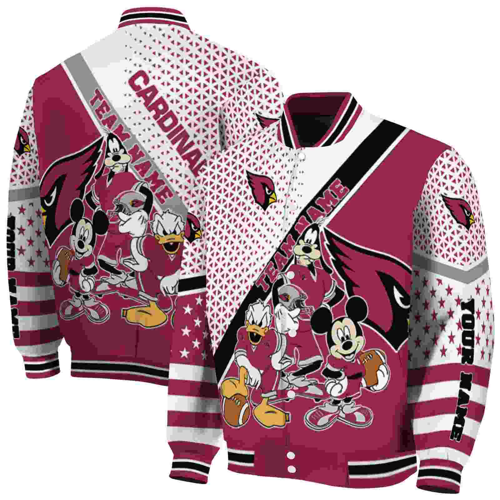 NFL Arizona Cardinals Mickey Donald Goofy Red White Custom Baseball Jacket Sport Fans Gear