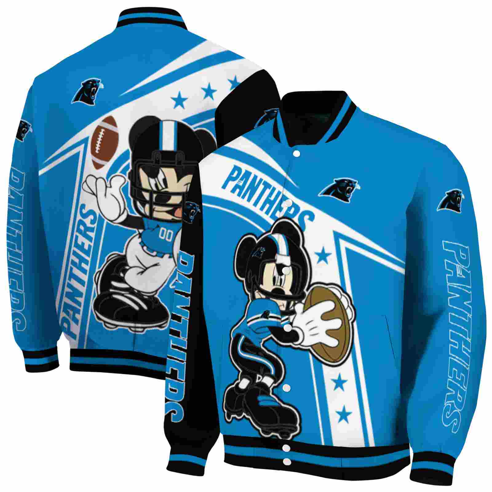 NFL Carolina Panthers Mickey Football Blue White Custom Baseball Jacket Sport Fans Gear