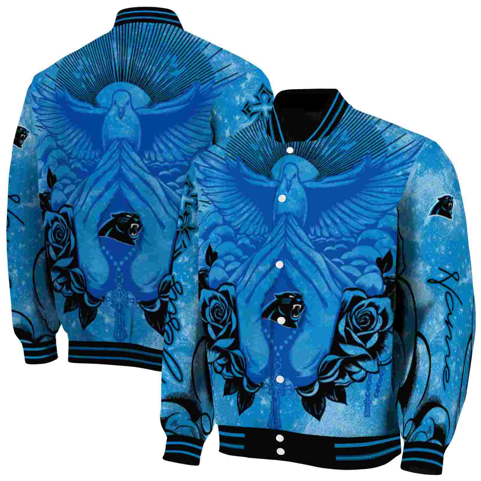 NFL Carolina Panthers Praying Hands Blue Custom Baseball Jacket Sport Fans Gear