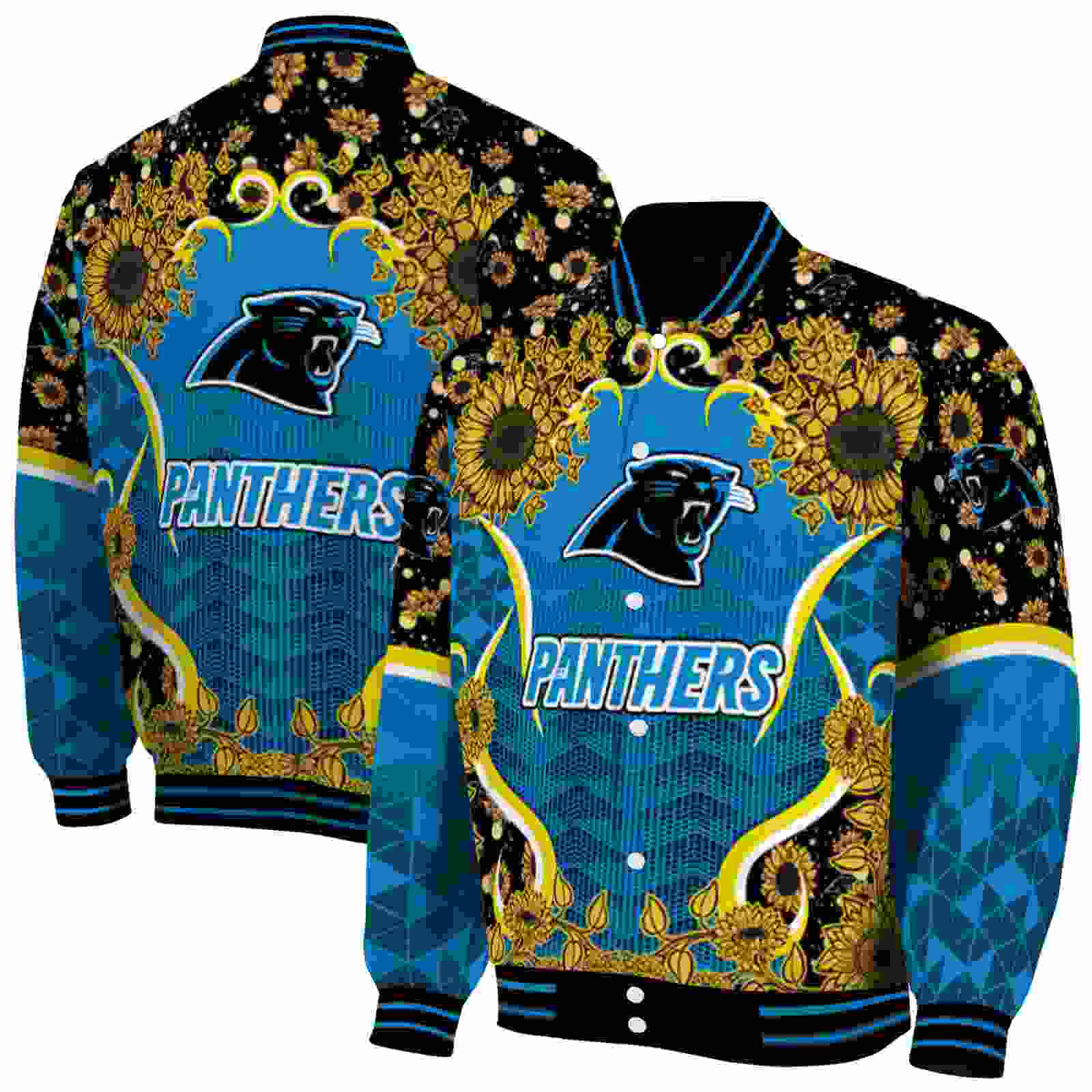 NFL Carolina Panthers SuNFL ower Bloom Blue Yellow Custom Baseball Jacket Sport Fans Gear