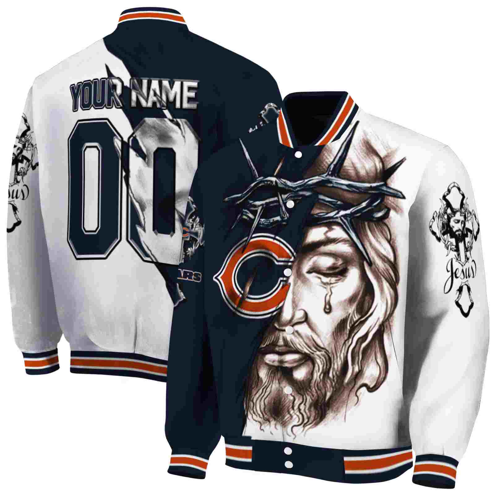 NFL Chicago Bears Jesus Tears Blue White Custom Baseball Jacket Sport Fans Gear